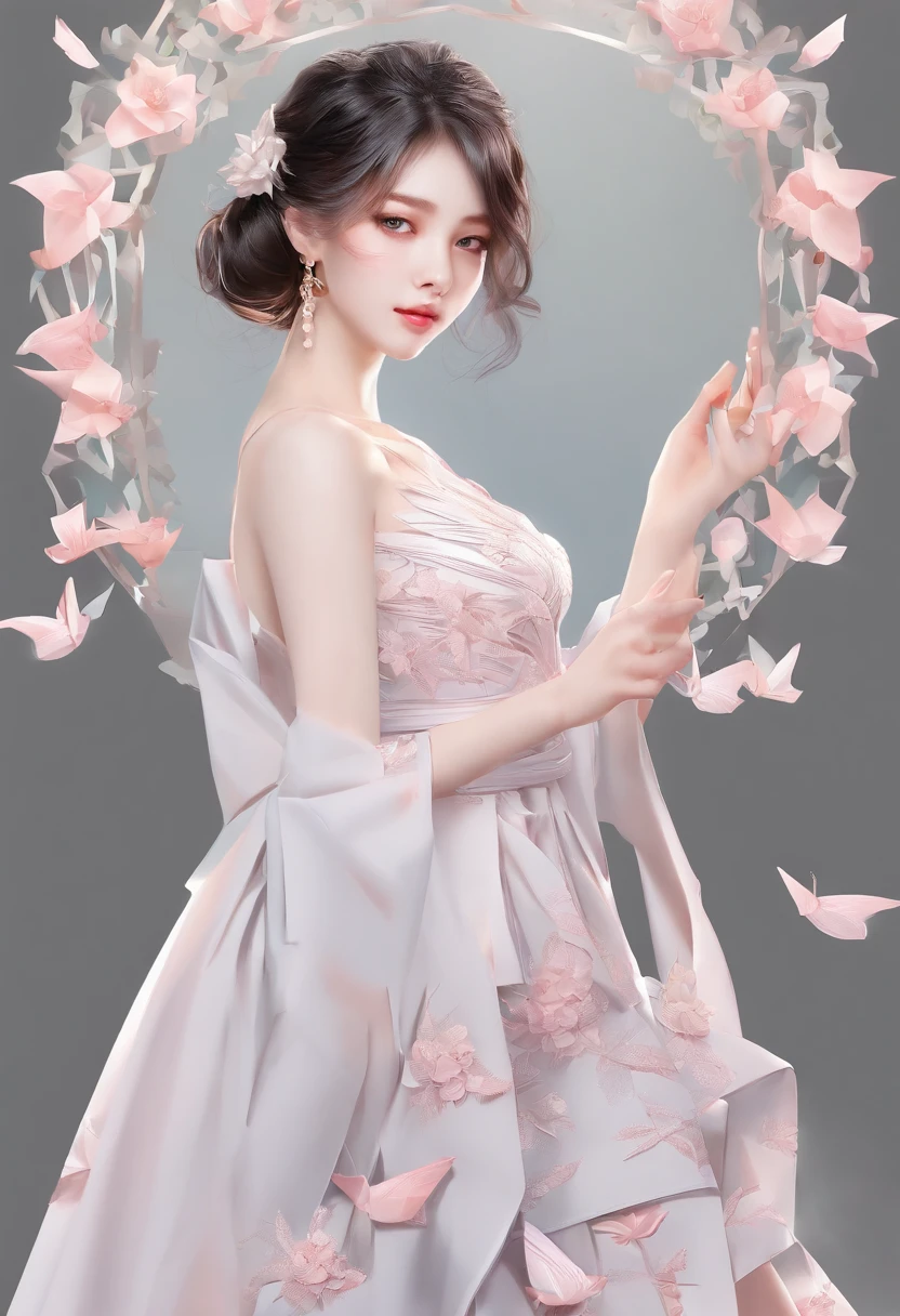 A high resolution,ultra - detailed), offcial art, Unity 8k壁纸, Ultra-detailed, Beautiful and aesthetically pleasing, tmasterpiece, best qualityer,long skirt,Slim girl girl, Dressing, clothing design, Rose, Sweet tea, Pink, Fishtail skirt, Diagonal lace design, Decorated with delicate pearls, short- sleeved, Wear a neck circumference, Stacking art, Fairy style, Elegant temperament,New Chinese style,(Chinese coiled hair)