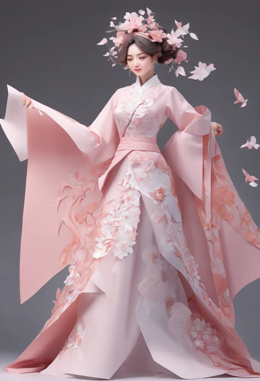A high resolution,ultra - detailed), offcial art, Unity 8k壁纸, Ultra-detailed, Beautiful and aesthetically pleasing, tmasterpiece, best qualityer,long skirt,Slim girl girl, Dressing, clothing design, Rose, Sweet tea, Pink, Fishtail skirt, Diagonal lace design, Decorated with delicate pearls, short- sleeved, Wear a neck circumference, Stacking art, Fairy style, Elegant temperament,New Chinese style,(Chinese coiled hair)