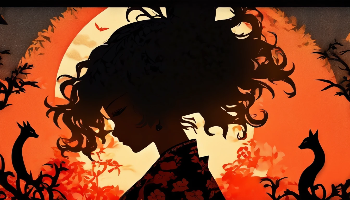 (Silhouette Art,cutouts:1.6)
(((Paper cutting art,A world where only black exists:1.3)
(Cowboy Shot),1 girl,Solo,
(Kimono Girl,profile:1.2),white, Clear and beautiful face,
BREAK
(Black cat)
Textured glass background,