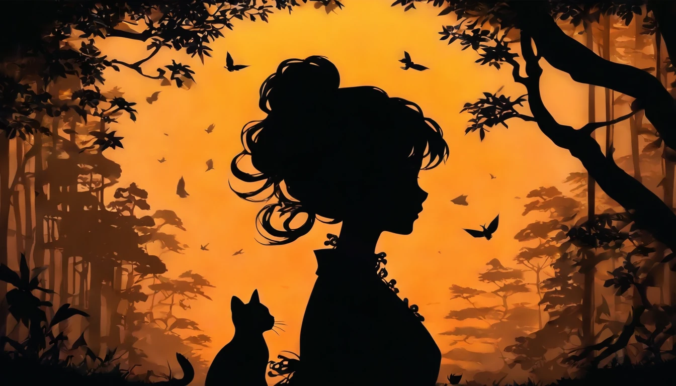 (Silhouette Art,cutouts:1.6)
(((Paper cutting art,A world where only black exists:1.3)
(Cowboy Shot),1 girl,Solo,
(Kimono Girl,profile:1.2),white, Clear and beautiful face,
BREAK
(Black cat)
Textured glass background,