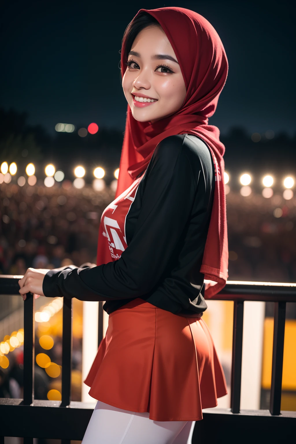 Portrait photography of a beautiful young malay girl ( mira filzah:1.0) in red hijab wearing tight long sleeve oversized tshirt and short skirt with leggings watching a concert, nighttime, concert background, bright lighting, smile and happy gesture