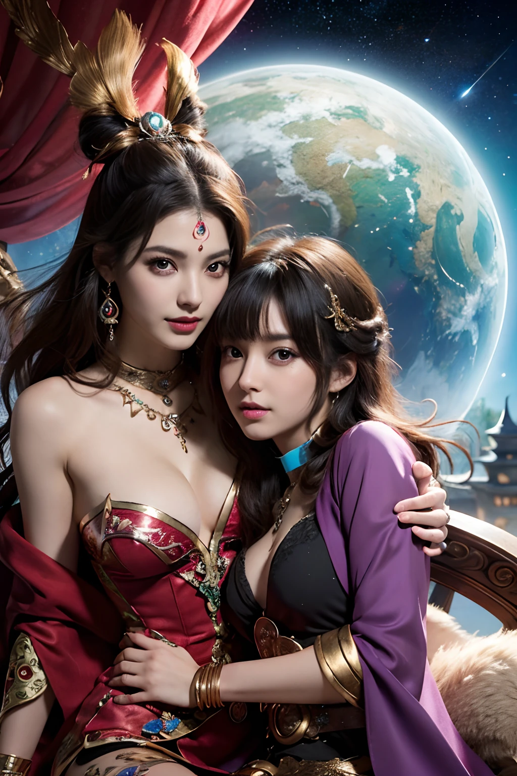 Smiling,Face focus,(Alebriès Art Style),fantasy world,fantasy,Several lesbians sitting together looking at the stars,leering,leering:1.3,Masterpiece, Best quality, intricately details, absurderes,(Urzang-6500-V1 version.1,PureFace_V1,Octane rendering),fantasyoutfit,Fantasy cosplayer,Black hair,Princess Eyes,Round pupils,Dream necklace,Fantastic ribbons,Dream rings,Fantastic jewelry,Fantastic Koser,Fantastic hair accessory,Dream belt,