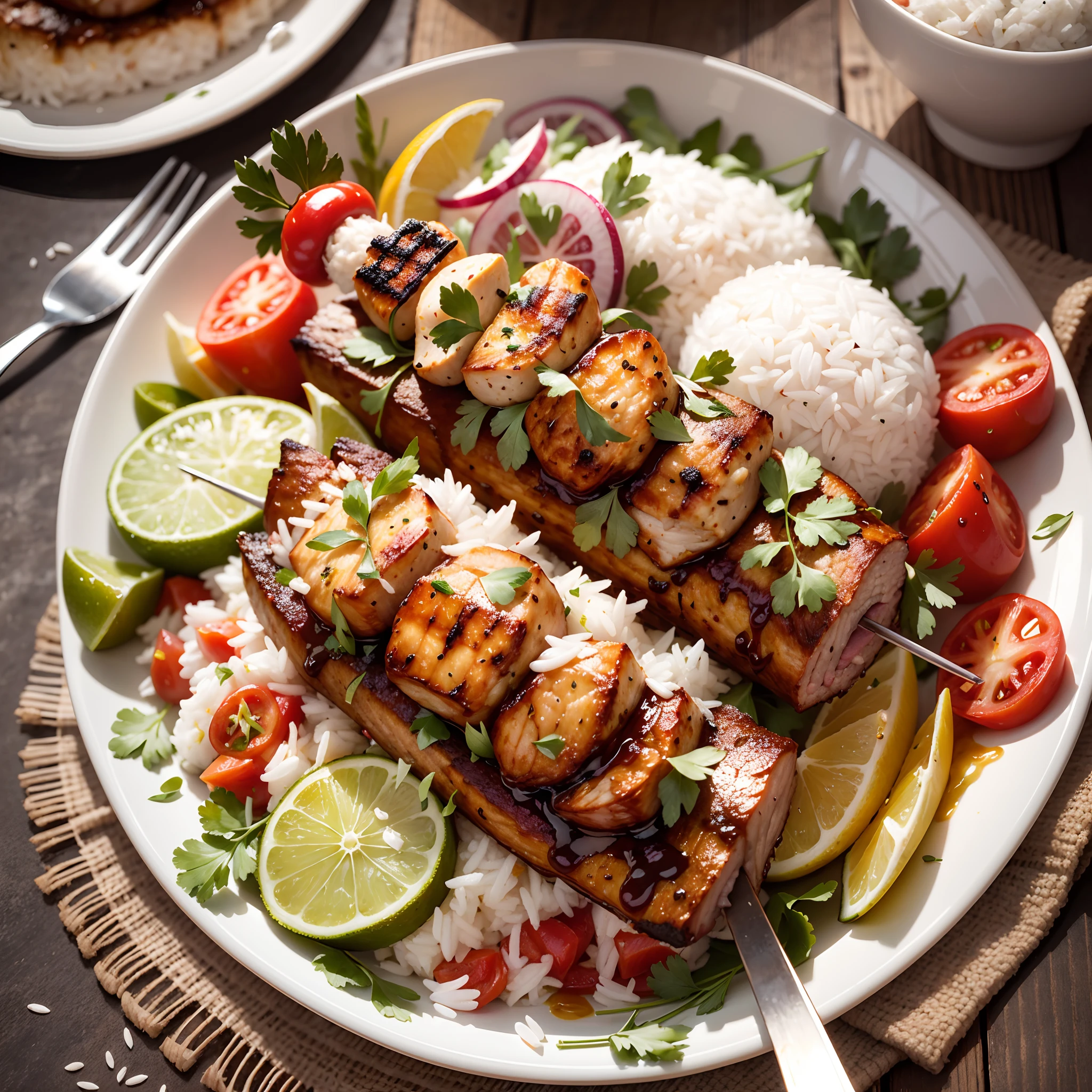 ultra realistic image of a plate of food with rice, beans, salad and roast meat on a skewer --auto --s2