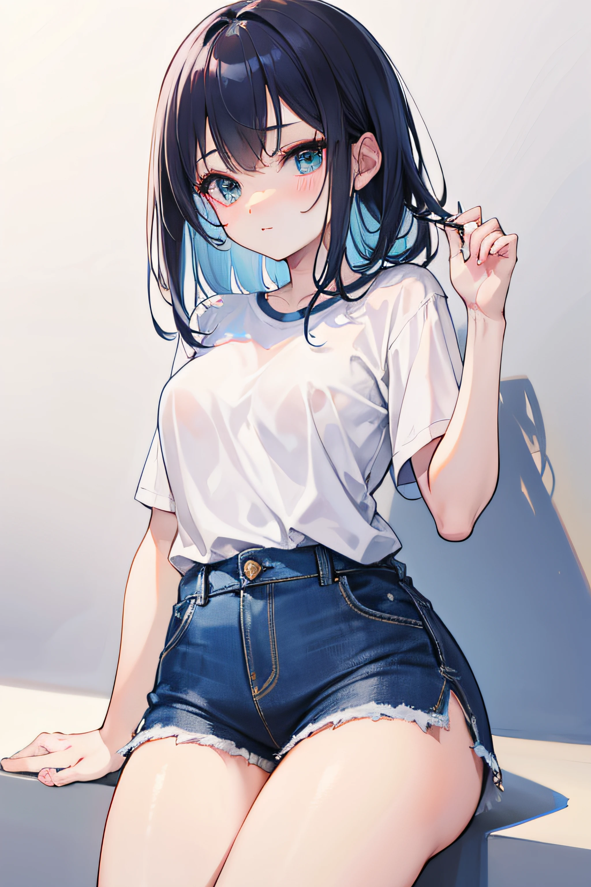 sexy girl in denim shorts and white plain skirt,blue eye, 8K,