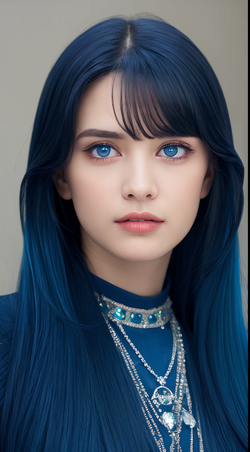 a girl.  face sent feeling.  Europe.  Oval face.  long face.  delicate facial features.  sad eyes.  seductively seductive.  blue eyes.  long straight hair.  blue hair.  Sad and disappointed expression.  silk nightgown.
