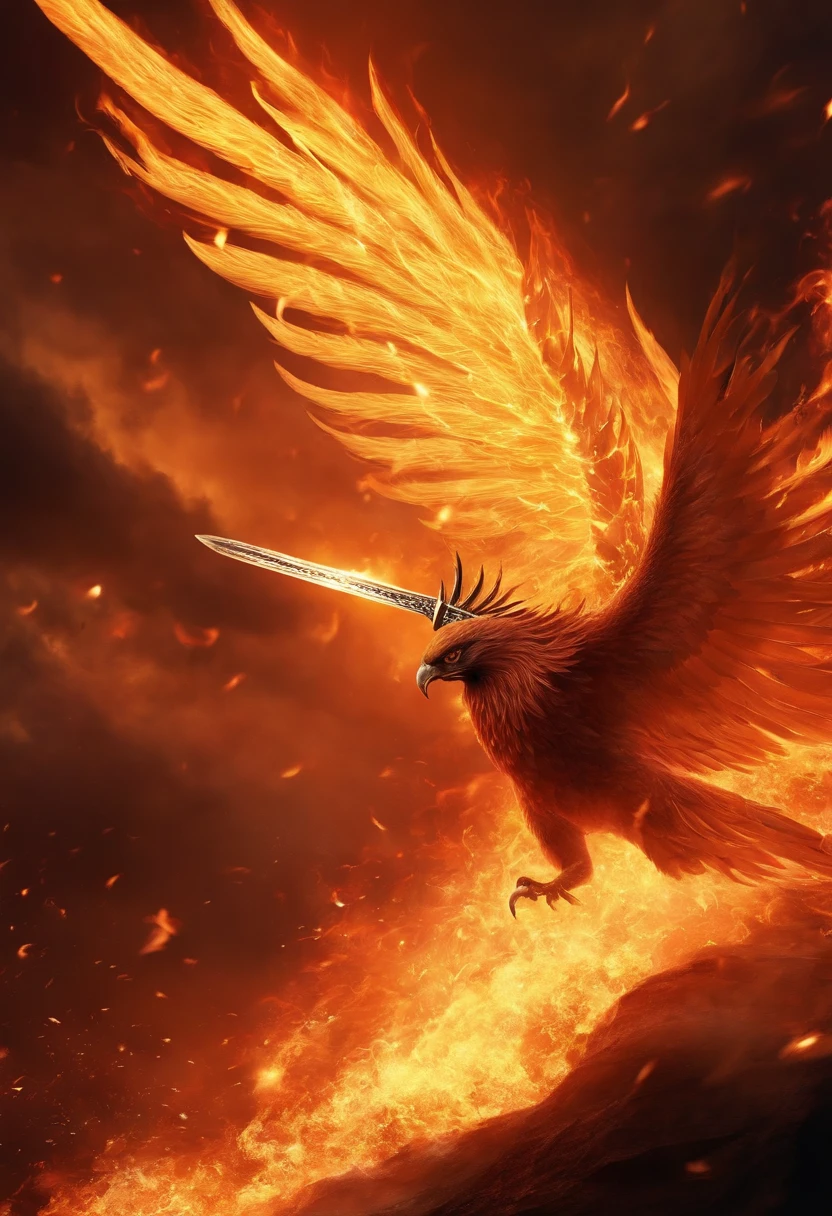 a sword flaming blade glowed with intensity, The flames surged to life, forming a majestic phoenix that briefly soared before dissipating into sparks