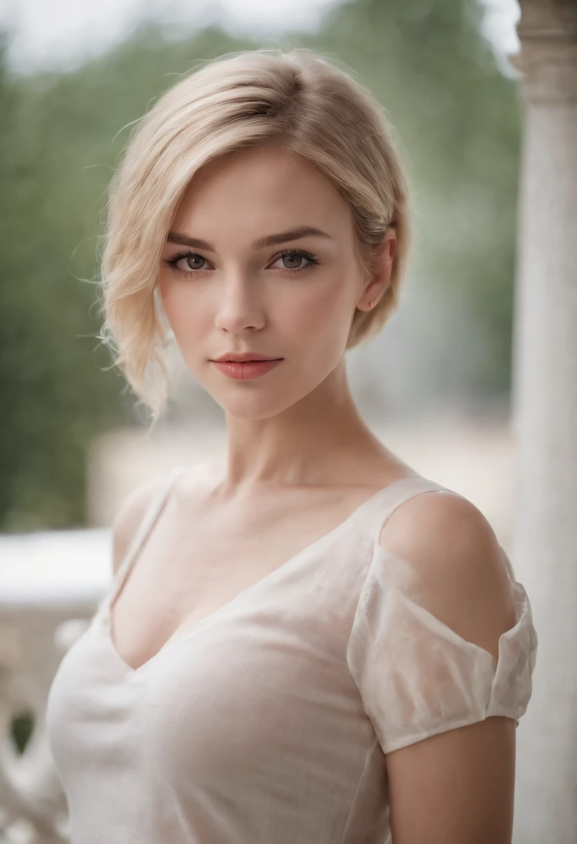 professional, (4k photo:1.1) by (Jeremy Lipking:0.3), (Dittmann Anna:0.3), (Arian Mark:0.3), (Sharp focus:1.3), high detail, wearing (tight shirt:1.2), beautiful detailed face, hazel eyes, short blonde hair, (attractive young woman:1.3), (seductive:1.1), (blushing:1.1), hourglass body shape, natural breasts, wide hips