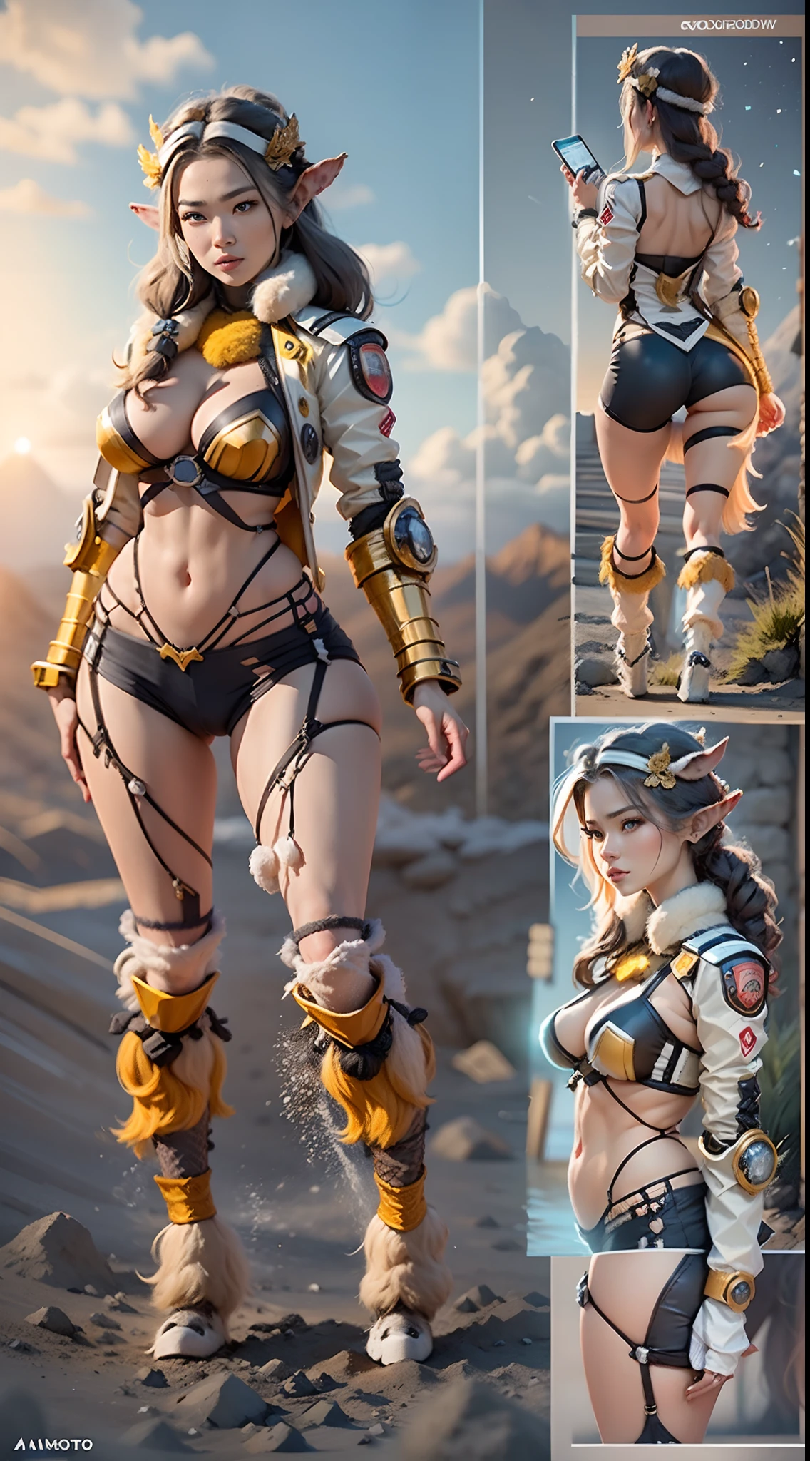 In a very grand scene,The extra-large wide-angle lens captures the appearance of a female centaur。She is tall,It has the ultimate curvy beauty,The muscles are slender and firm,Beautiful lines。Her facial features are tough and coquettish,Always with a sunny smile。She wears special tight-fitting equipment with a strong sense of technology,Step on multifunctional off-road style heels,Delicate and practical protective gear is worn on the hands, feet, wrists, neck and shoulders。The detection equipment around you flashes various cue lights and neon-like information screens,Let her exude a charming brilliance。Use Midjourney's advanced tools,Design special tight-fitting equipment for female centaurs,Highlight her unique physiological characteristics and appearance details,Add realism。And in her adventure scene,Spectacular views of nature,Such as the sky where storms and sunny days alternate、Brilliant rivers of stars and auroras、The snow-capped summit of Mount Everest、Fireworks in the mountain town, etc。ao mesmo tempo,Away from the hustle and bustle of Long Beach Pier is a neon-lit spaceship docked,Create a fantastic scene。Use Midjourney's advanced tools and multiple color palettes、Brush Strokes、Texture tools and model packages,It shows a sense of atmosphere where beauty and charm coexist。The charm of the female centaur is highlighted through color and lines,Enhance realism with detailing,Create a surreal dreamy feeling。Additionally,Use Midjourney's tools to add a variety of extreme sports gear and cultural trinkets to the female centaur,Create intricate hairstyles and outfits,Give her a sense of premium。She never flinches,Regardless of the terrain,can respond quickly,Even the extreme geography and dangerous terrain of aliens cannot stop her。Use Midjourney's powerful tools,You can do it with incredible detail and beauty,Bring this ultra-grand and beautiful scene to life。Ultra-grand scenes,super wide shot, hdr,(真实感,Masterpiece quality,best qualtiy),