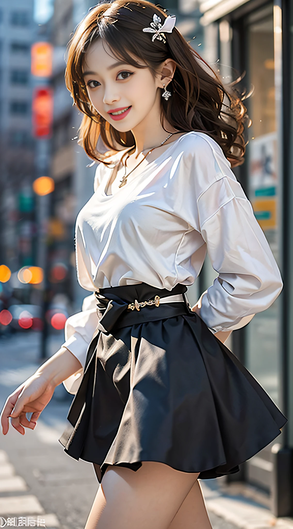 ((knee shot)), ((from side)), ((realistic)), 1girll, Outdoor scene, (standing on your feet), Pleasing posture, Eye-catching poses, Nice long legs, Detailed scenes, curlies, Air bangs, Beautiful hair accessories, Brownish-yellow hair, light make-up, Blushlush, Gloss on lips, ((White high-waisted skirt, v neck, black sash)), The skirt flutters, (Campus style), warm lights, a warm color palette, Detailed details, ultra-detailliert, (tmasterpiece, best qualtiy), (An extremely delicate and beautiful work), Delicate earrings, Delicate necklace, Simple blurred background, Extreme detail description, Ultra-fine painting, Delicate face, slim toned body, Slimming the waist, (grin, happy grin, Baring teeth), (anatomy correct)