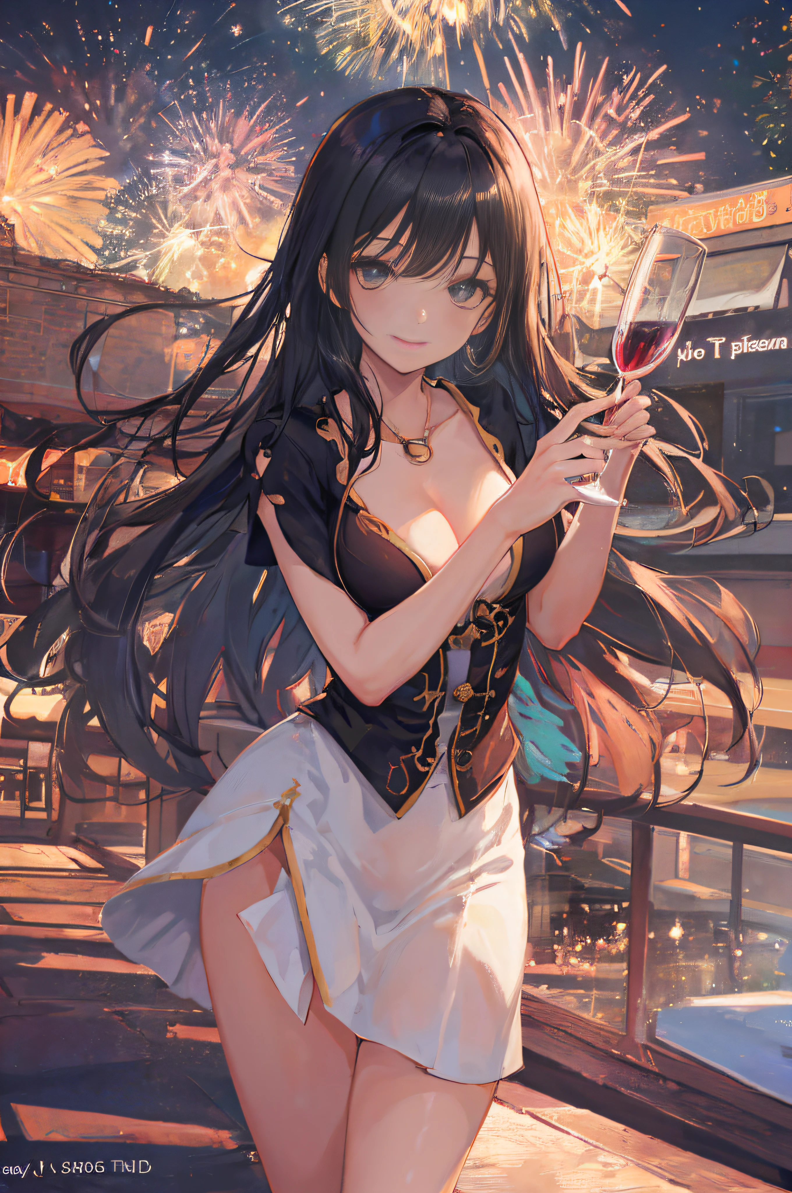 ((A sexy and beautiful woman holding a wine glass and looking at me on the terrace)), ((The cutest 22-year-old beauty)), Charming smile, ((Fireworks in the background) ), ((Very long hair) ), ((One piece with a lot of exposed parts)), ((Rich bust)), Gradient eyes, Seductive makeup, Single view, NFFSW, UHD, Retina, Masterpiece, Accurate, Anatomy Scientifically correct, textured skin, super detail, high detail, high quality, award winning, highest quality, high resolution, 1080P, HD, 4K, 8k, 16k