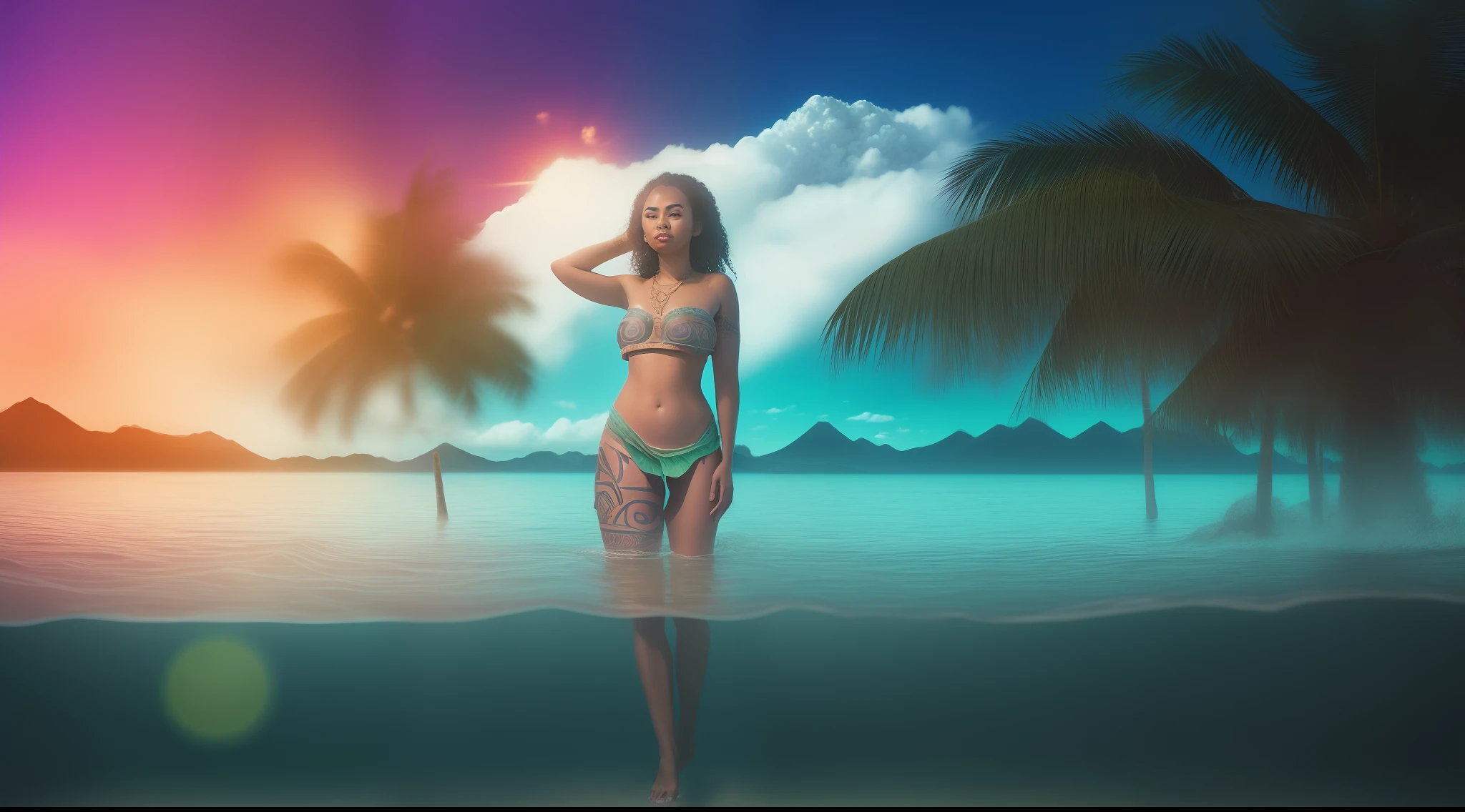 epic movie poster, volcano erupting, award winning (full body:1.3) portrait photo of a (moana:1.2), (seashell bikini:1.2), (water goddess:1.2), tribal tattoos, (wading:1.2) in the pacific (ocean:1.1), arms behind head, (partially submerged shot:1.2), (waves:0.9), desert island background, palm trees, beach,fluffy clouds in the sky, outrun, vaporware, trending on artstation, highly detailed, fine detail, intricate, (lens flare:0.9), (backlighting:0.9), (bloom:0.9), [Style-Micro::10]