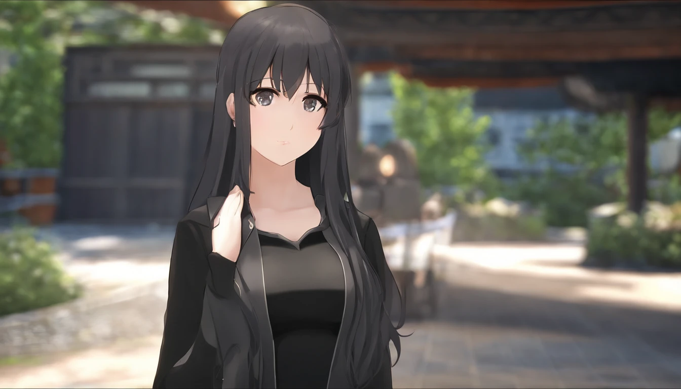 anime girl with long black hair and a black shirt and jeans, anime moe artstyle, kantai collection style, girls frontline style, realistic anime 3 d style, casual clothing, realistic young anime girl, anime visual of a cute girl, smooth anime cg art, attractive anime girl, fine details. girls frontline, casual pose, wearing casual clothes, an anime girl