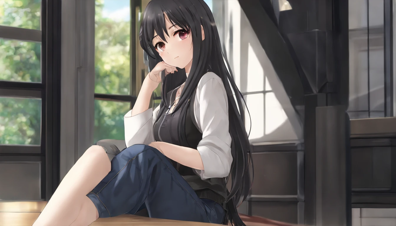 anime girl with long black hair and a black shirt and jeans, anime moe artstyle, kantai collection style, girls frontline style, realistic anime 3 d style, casual clothing, realistic young anime girl, anime visual of a cute girl, smooth anime cg art, attractive anime girl, fine details. girls frontline, casual pose, wearing casual clothes, an anime girl