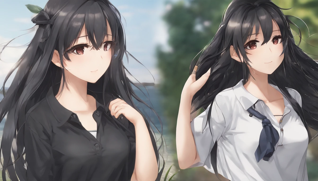 anime girl with long black hair and a black shirt and jeans, anime moe artstyle, kantai collection style, girls frontline style, realistic anime 3 d style, casual clothing, realistic young anime girl, anime visual of a cute girl, smooth anime cg art, attractive anime girl, fine details. girls frontline, casual pose, wearing casual clothes, an anime girl