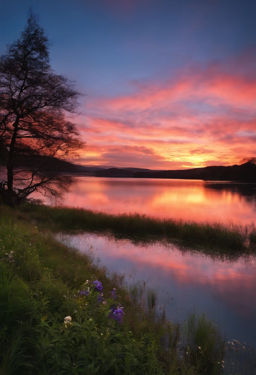 Sunset sky、lake、mont、beautifly、Moving、Fantastical、Best Quality、masutepiece、