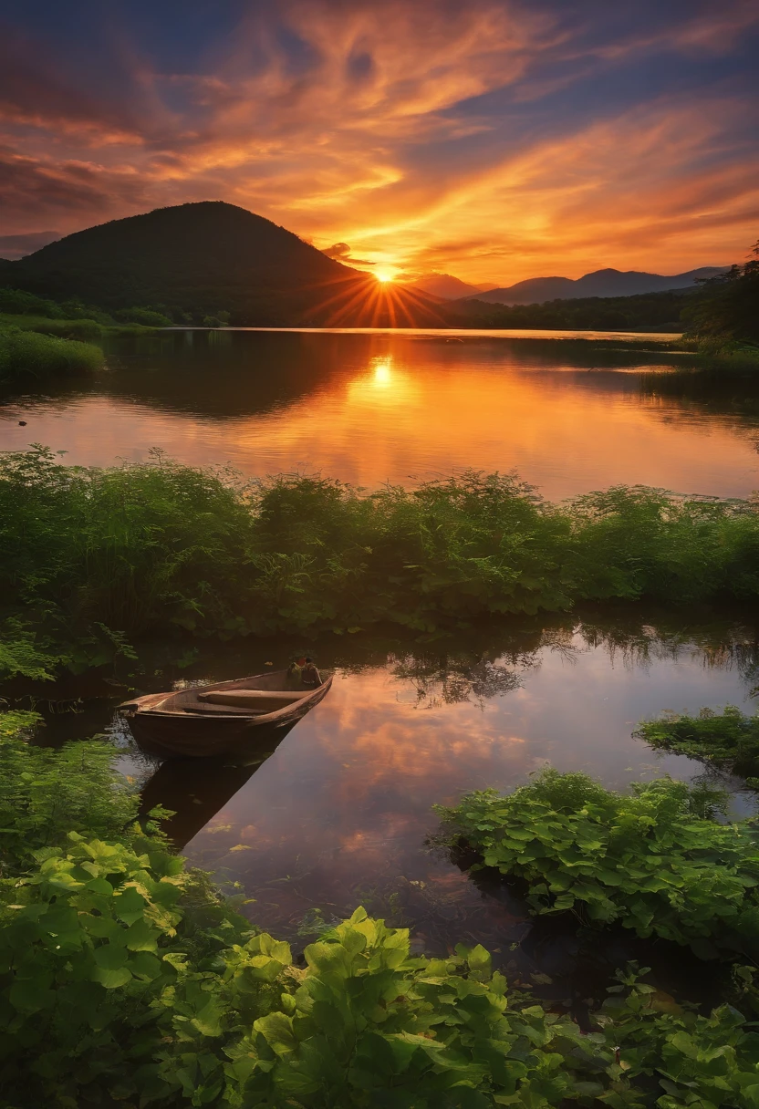Sunset sky、lake、mont、beautifly、Moving、Fantastical、Best Quality、masutepiece、
