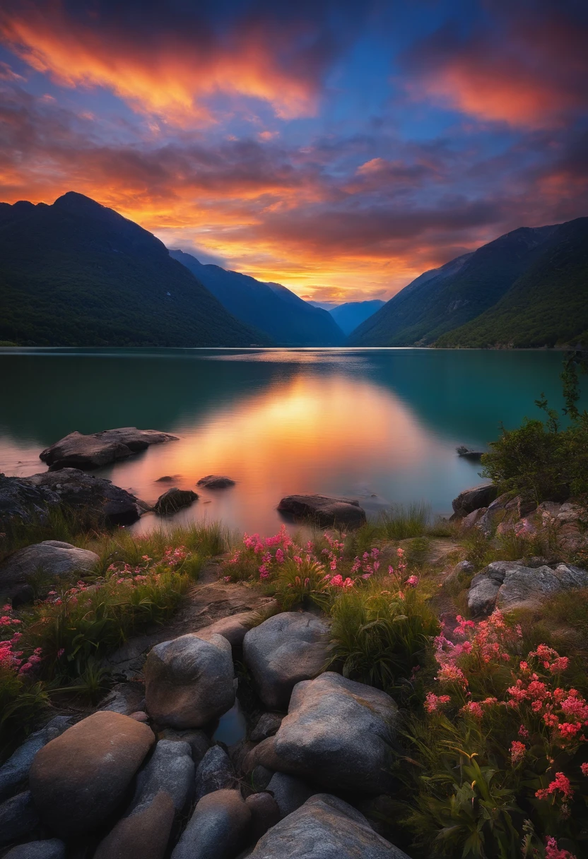 Sunset sky、lake、mont、beautifly、Moving、Fantastical、Best Quality、masutepiece、