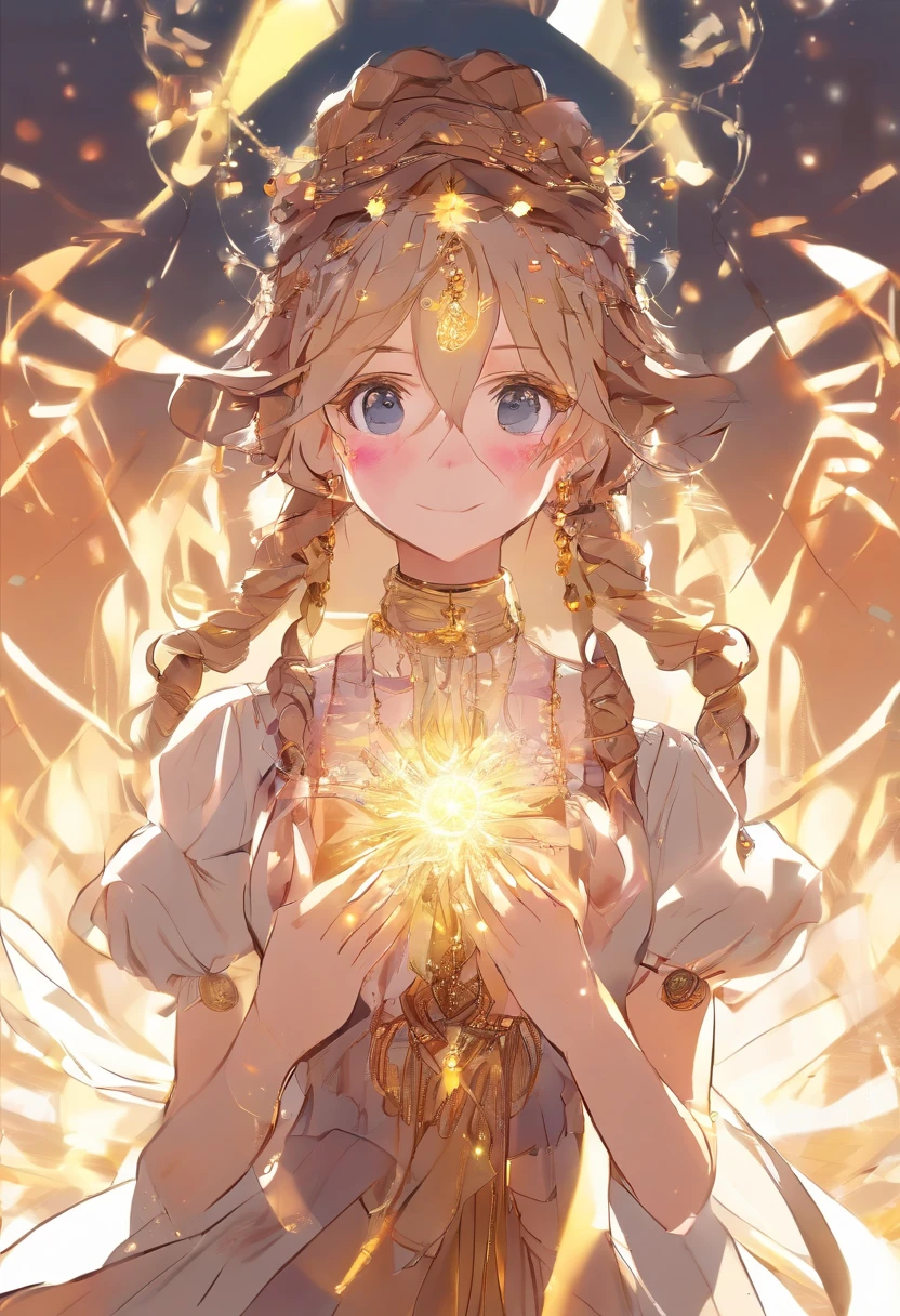 Superb masterpiece, upper body, (adult: 1.6) Hungarian woman, (giggle: 0.4), arms behind the head, golden braids, sparkling eyes, Victorian sun dress, floating light particles, centered, added facial detail
