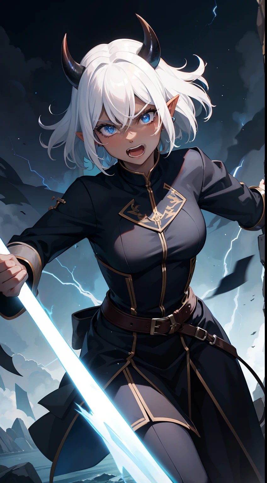 1woman,30s,solo,angry face,smile,open mouth,((dark skin)),Short hair,White hair,blue eyes,elves ears,black horns,thunder clounds,night, attacking with blue lightnings, black outfit,running