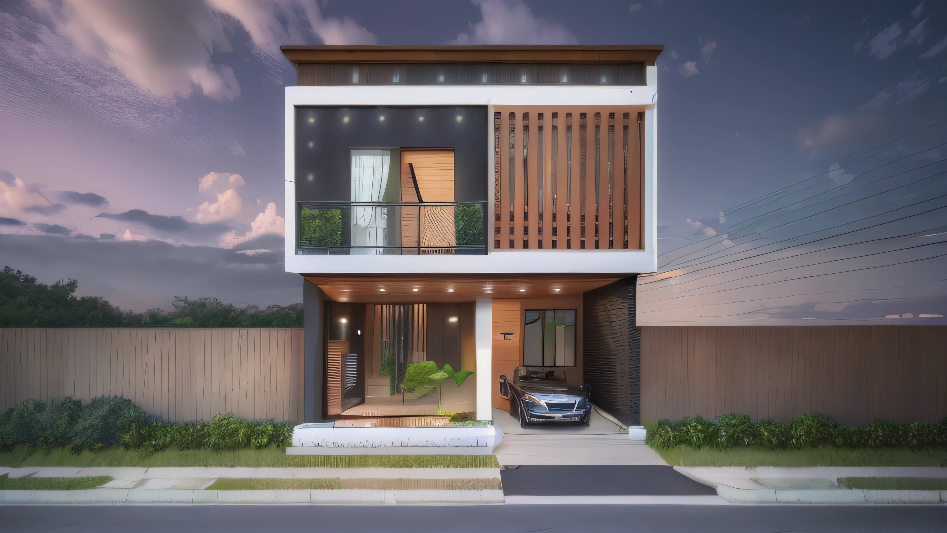 A modern two-story residential building with a unique and eye-catching color scheme, set amidst lush trees. The house features wooden flooring, and there's a charming plant tub in the front yard.