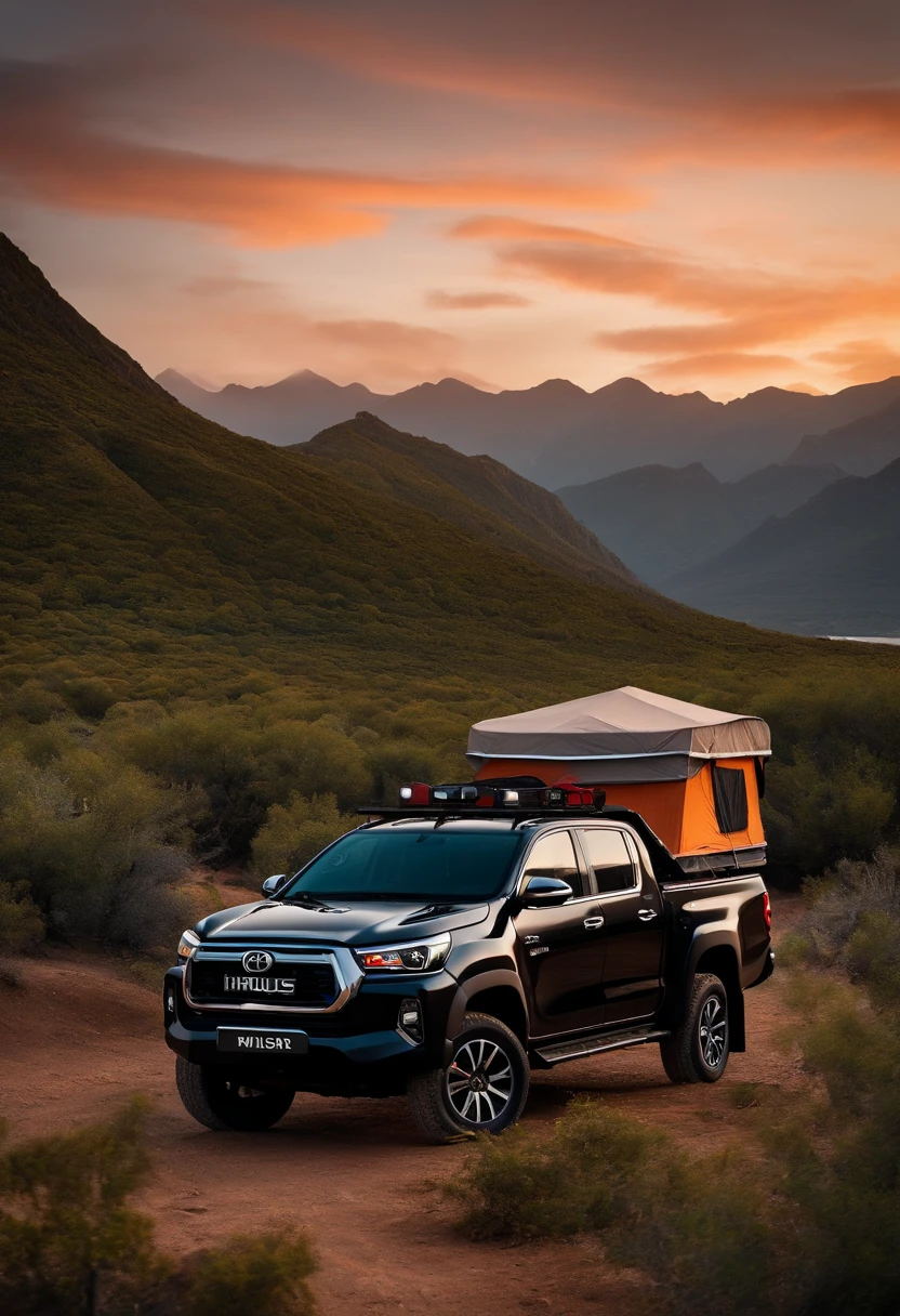 A black Hilux year 2022 towing a camping trailer in a paradisiacal landscape