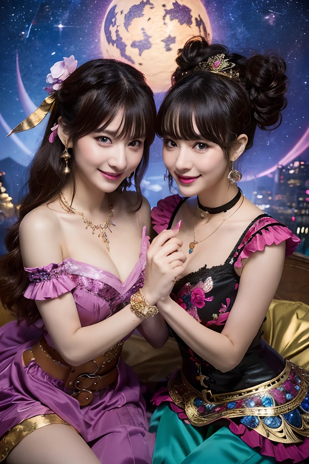 Smiling,Face focus,(alebrijes art style),fantastical world,fantasy,a couple of lesbians sitting together looking at the stars,lewd,leering:1.3,Masterpiece, Best quality, intricately details, absurderes,(ulzzang-6500-v1.1,pureeroface_v1,octane rendering),fantastical clothing,fantastical cosplayer,black hair,princess eyes,round pupils,fantastical necklaces,fantastical ribbons,fantastical rings,fantastical jewelry,fantastical coser,fantastical hair ornament,fantastical belt,