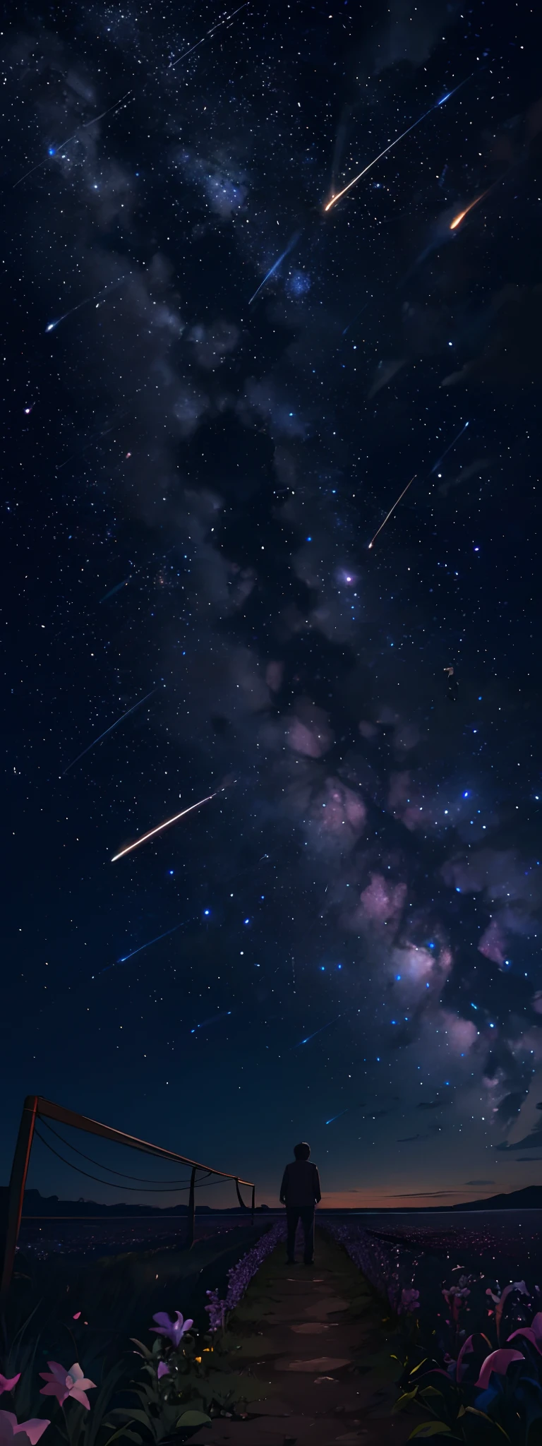 A  boy with，Stand on the endless meadow，Looking at the night sky，There is a Milky Way in the night sky，Several meteors glided across the night sky。