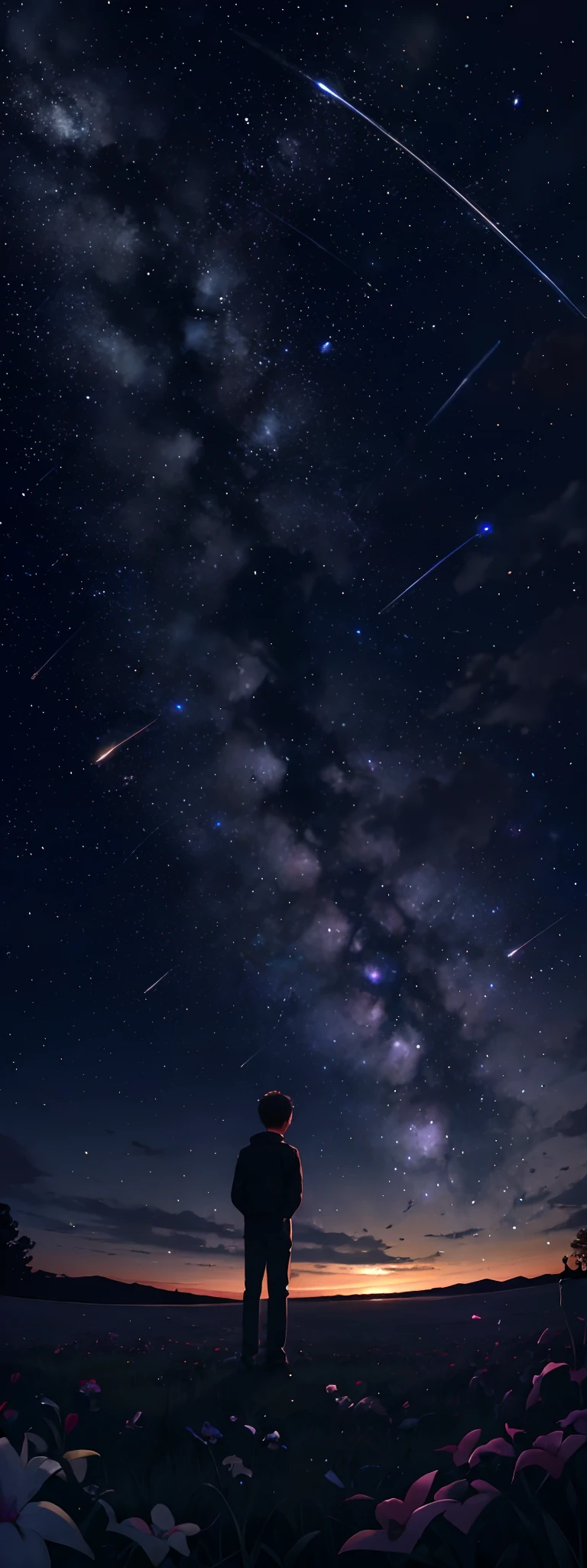 A young boy with,Stand on the endless meadow,Looking at the night sky,There is a Milky Way in the night sky,Several meteors glided across the night sky。
