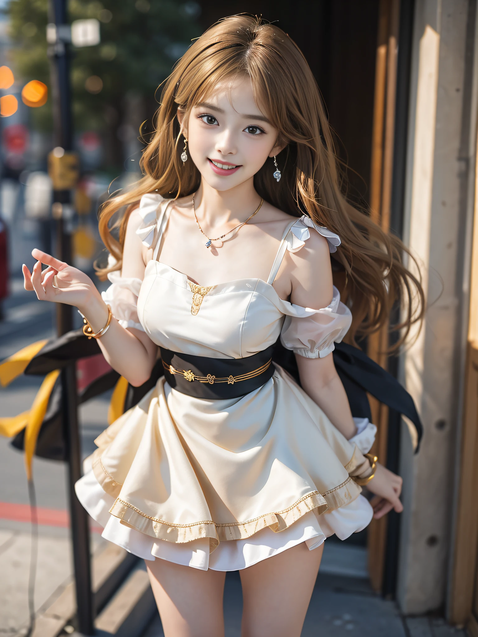 ((knee shot)), ((from above)), ((realistic)), 1girll, Outdoor scene, (standing on your feet), Pleasing posture, Eye-catching poses, Nice long legs, Detailed scenes, curlies, Air bangs, Beautiful hair accessories, Brownish-yellow hair, light make-up, Blushlush, Gloss on lips, ((White high-waisted dress, black sash)), The skirt flutters, (Campus style), warm lights, a warm color palette, Detailed details, ultra-detailliert, (tmasterpiece, best qualtiy), (An extremely delicate and beautiful work), Delicate earrings, Delicate necklace, Simple blurred background, Extreme detail description, Ultra-fine painting, Delicate face, slim toned body, Slimming the waist, (grin, happy grin, Baring teeth), (anatomy correct)