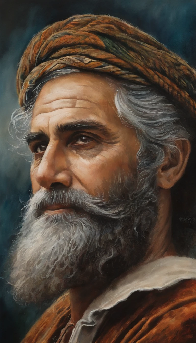 calma, pintura a tinta e aquarela, representando um homem velho com barba curta e cabelo amarrado, olhar sereno, paz