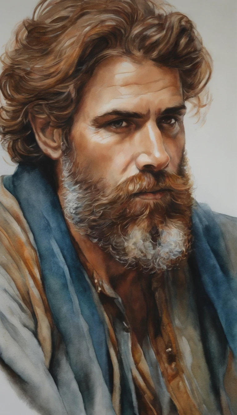 calma, pintura a tinta e aquarela, representando um homem velho com barba curta e cabelo amarrado, olhar sereno, paz