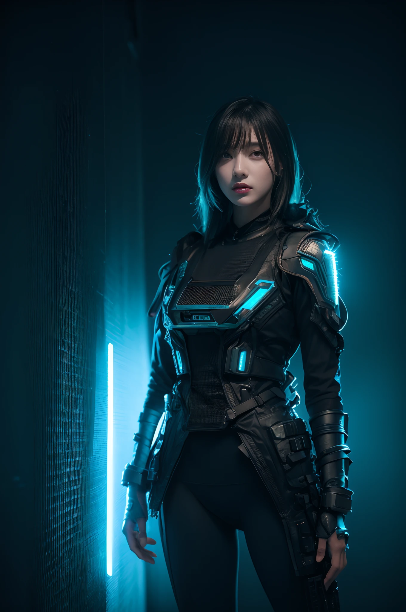 A woman in a futuristic suit standing in a dark room - SeaArt AI