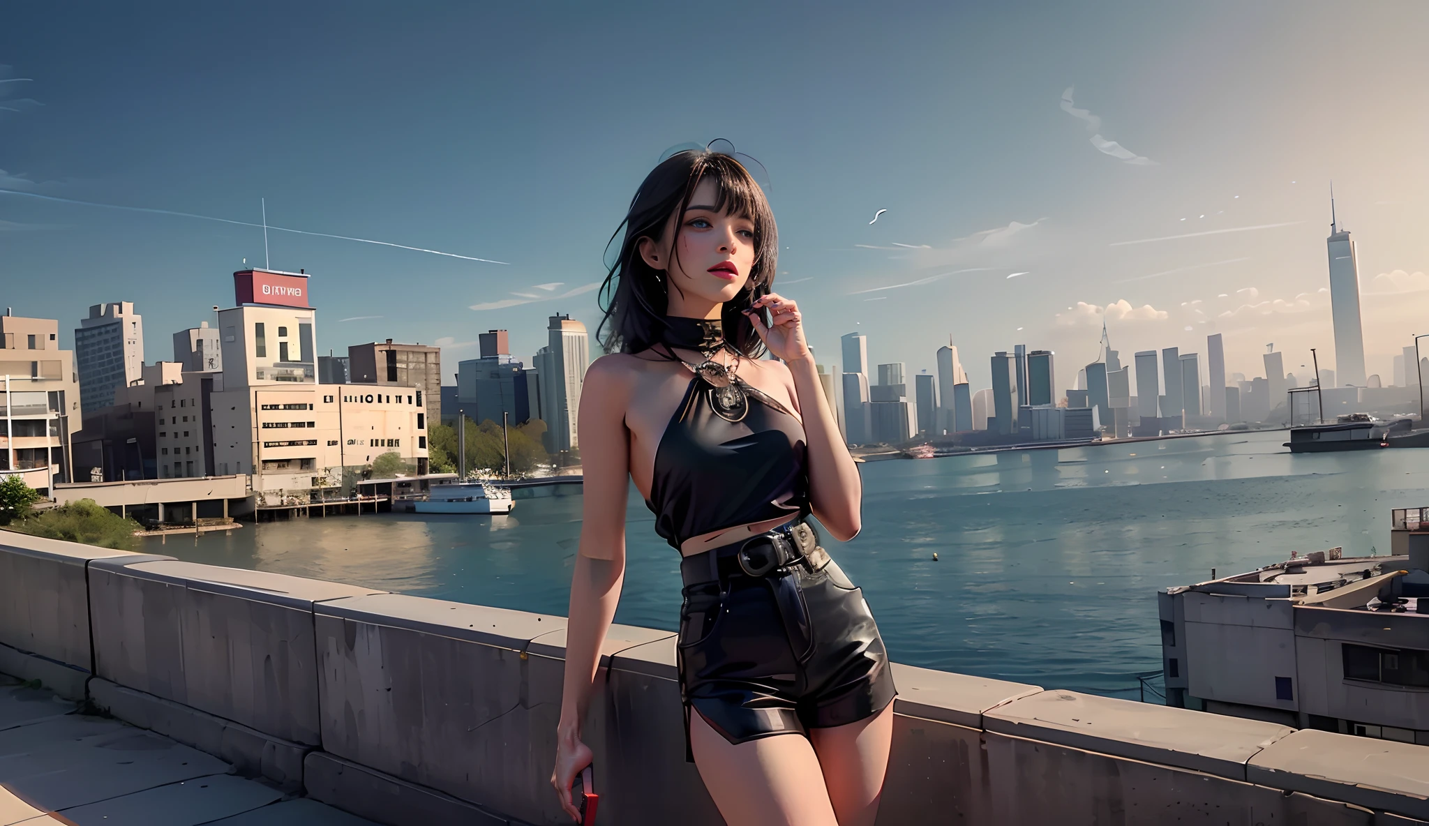 Ultra high quality,8K,Kizi,Sexy and feminine, high and cold,Enchanting,The head proportions are perfect,Short black and gray hair,Wear T-shirt shorts,Flaming red lips,Swan neck,Bizarre sky,The setting sun burns the clouds,moon full,