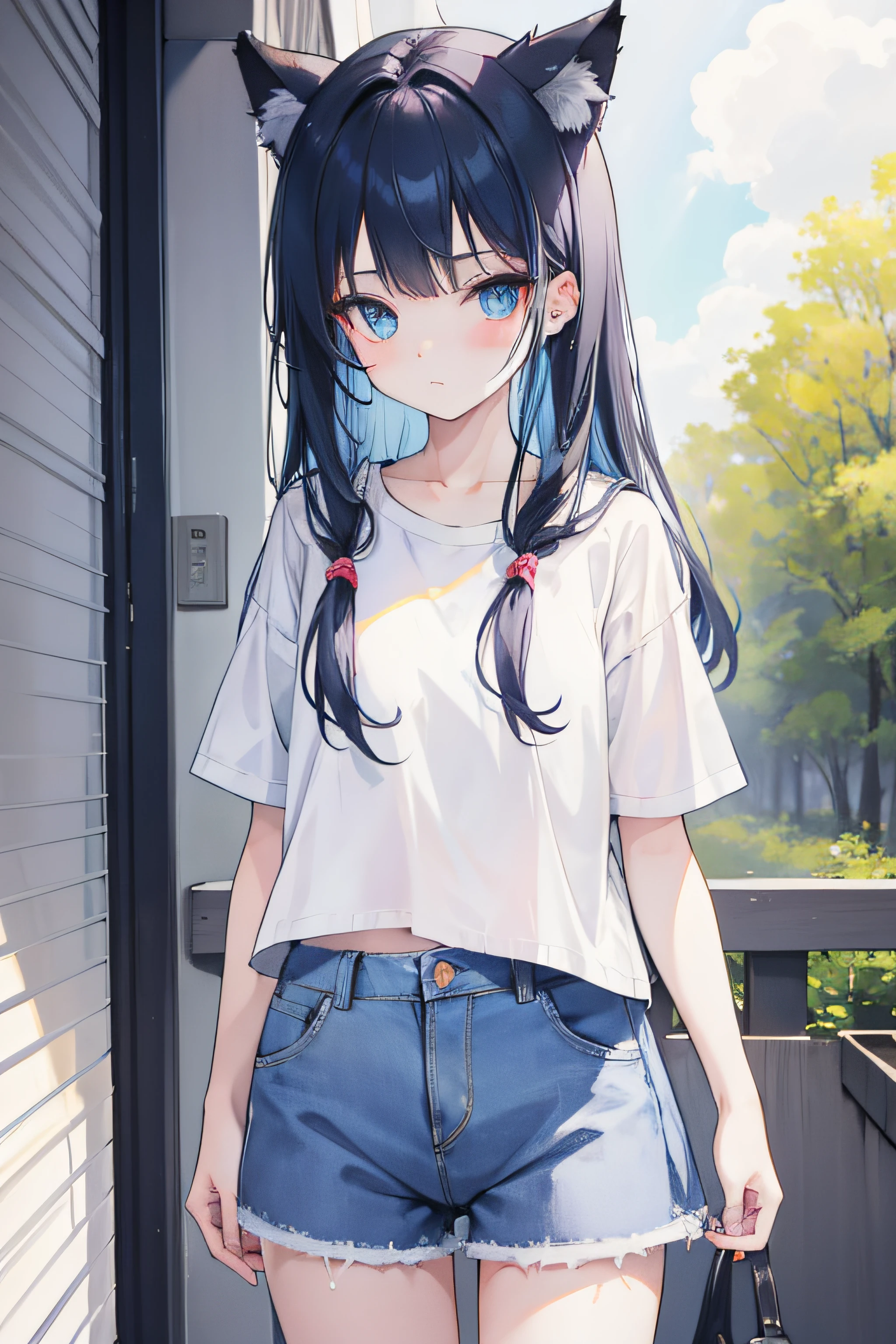 cat girl in denim shorts and white plain skirt,blue eye, 8K, ************,black-blue hair,flat breats