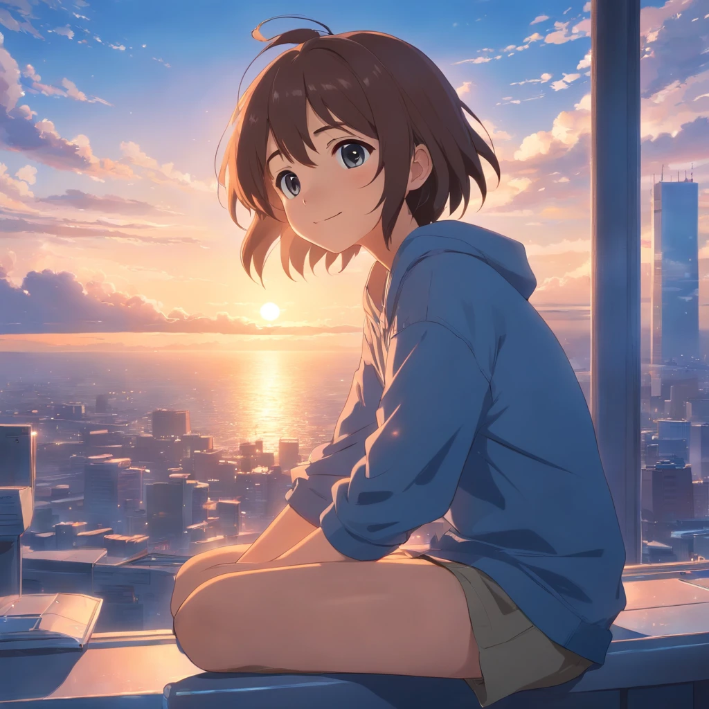 Masterpiece, Best quality, cinematic Film still from, 1人, Cloud people, Floating in the sky, Close-up, Bright, cheerfulness, Warm and soft lighting, Sunset, (spark of light:0.7), Shigeo Kageyama, Mob psychosis, view the viewer, Sitting down, Smiling, Black eyes, Blue bowl hair,Bottom shear