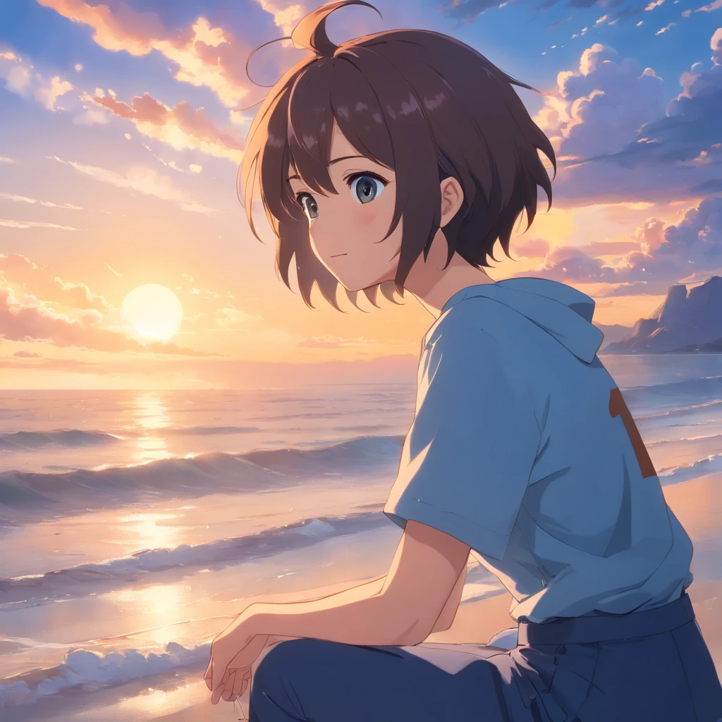 Masterpiece, Best quality, cinematic Film still from, 1人, Cloud people, Floating in the sky, Close-up, Bright, cheerfulness, Warm and soft lighting, Sunset, (spark of light:0.7), Shigeo Kageyama, Mob psychosis, view the viewer, Sitting down, Smiling, Black eyes, Blue bowl hair,Bottom shear