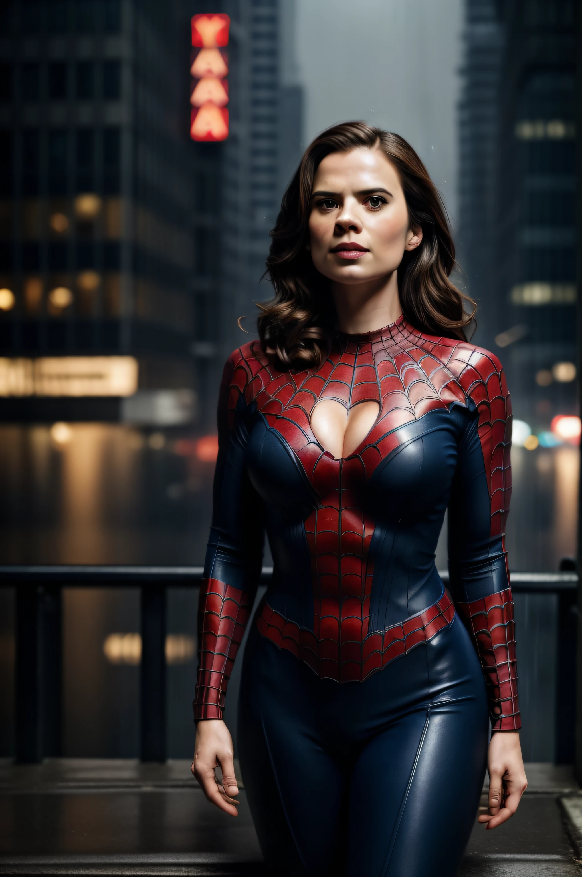 (Thirty year old) woman, standing in the heavy rain, dressed as spiderman, beautiful legs, dreamy photo, dramatic pose, looking straight at camera, detailed eyes, soft expression, flirty, slight smile, dark city landscape, city lights, top of building, light reflecting on ground, crowd of dark strangers, misty, andre kohn, Canon, (Detailed features::1.2), real life. Hayley Atwell