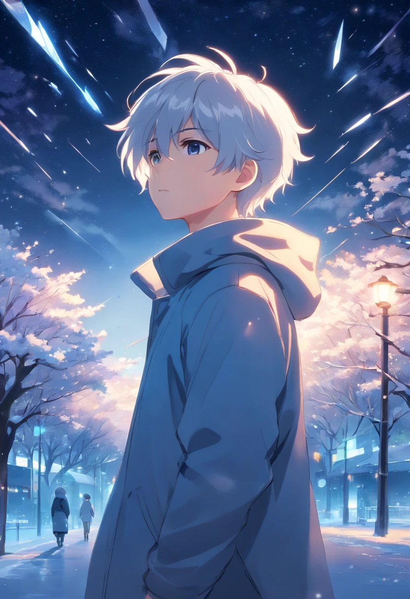 Japanese anime, boy, alone, silver white hair, white glass shards, crystallization, night sky, winter night, starry sky, shooting star crossing, solo, silence, rendering, best quality, masterpiece, full body, particle light effects, rendering