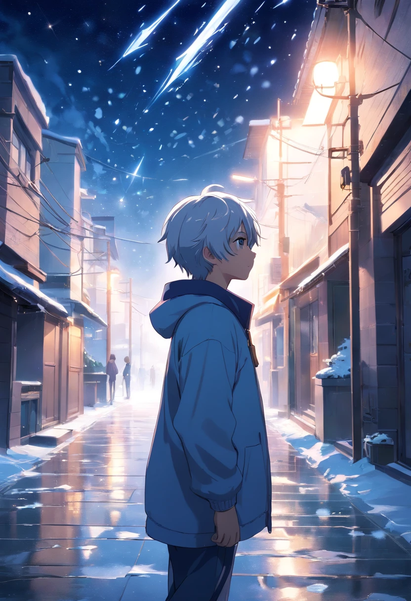 Japanese anime, boy, alone, silver white hair, white glass shards, crystallization, night sky, winter night, starry sky, shooting star crossing, solo, silence, rendering, best quality, masterpiece, full body, particle light effects, rendering