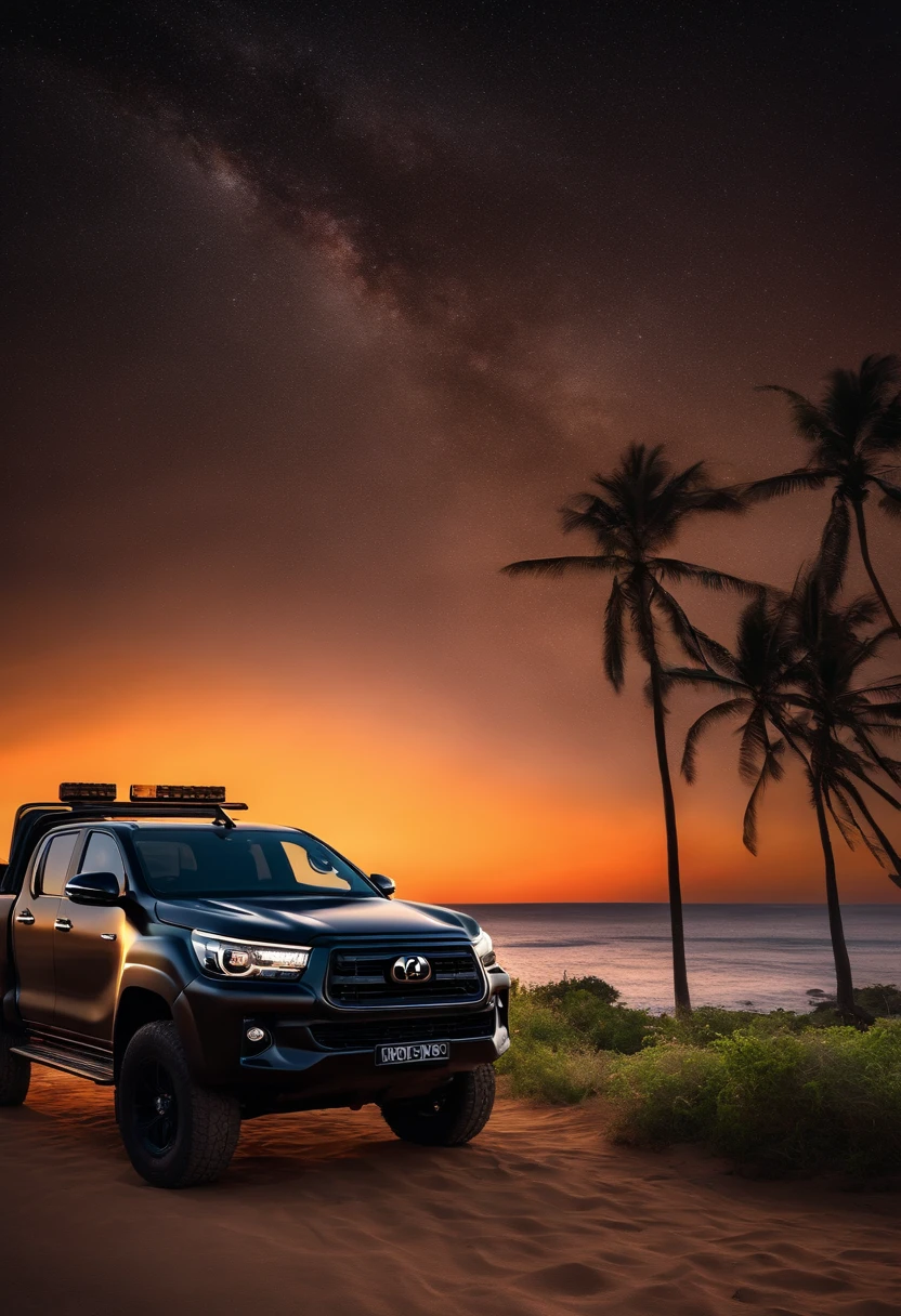 A black Hilux year 2023 towing a trailer in a paradisiacal landscape