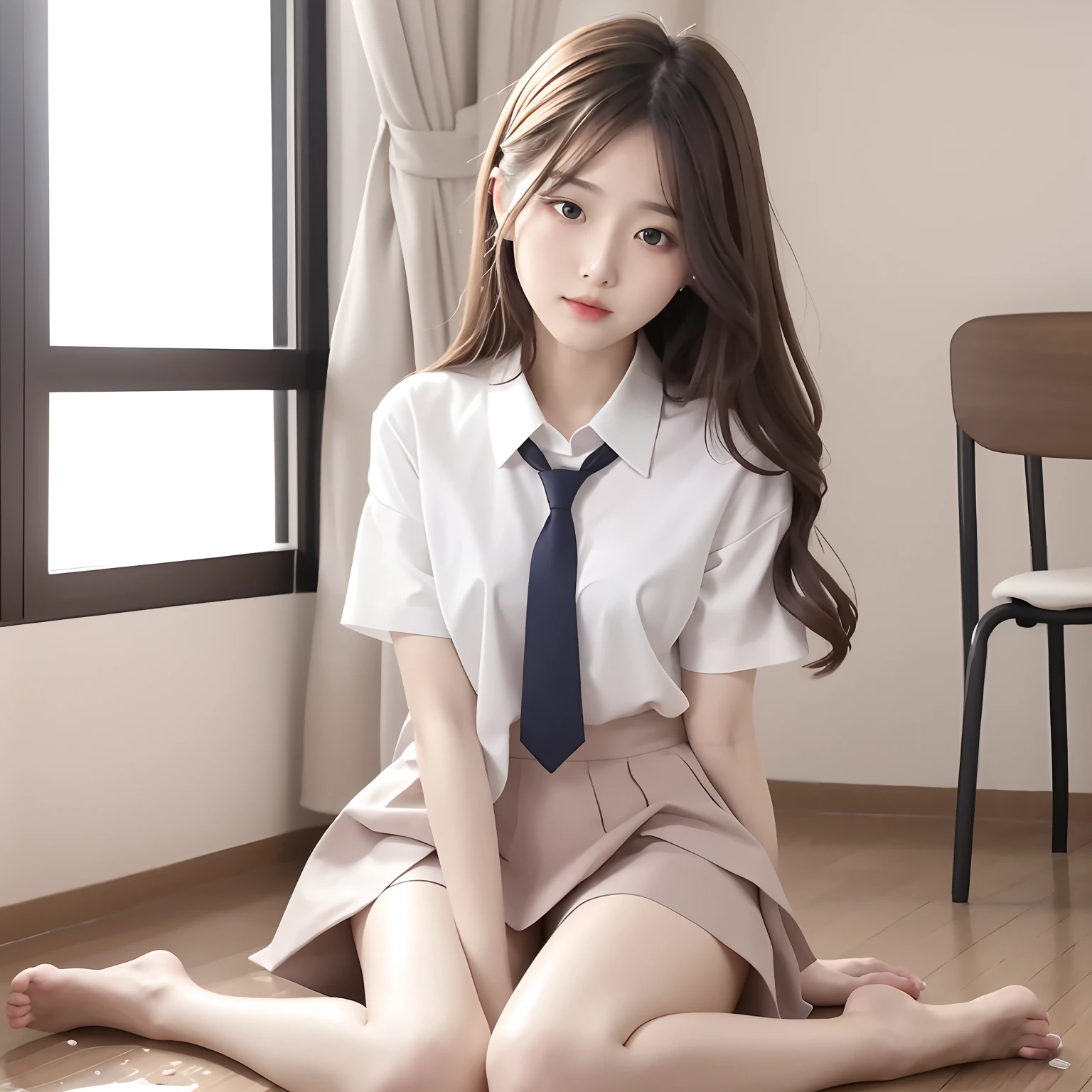 (((alone))),(((1 girl))), beautiful, shape, Highly detailed skin, masterpiece, Highest quality, Highly detailed face, Vibrant colors, Written boundary depth, Cinema Lighting,, One Girl, alone, Brown eyes, Brown Hair, hair ornaments,Long Hair,Green Check Skirt,, White shirt, ,masterpiece Highest quality High resolution、, Long Hair, Sit with your knees bent、eight-headed body、Beautiful feet 、On campus、As if looking up from below、Embarrassing,Browsing Caution,White panties,Camel Toe