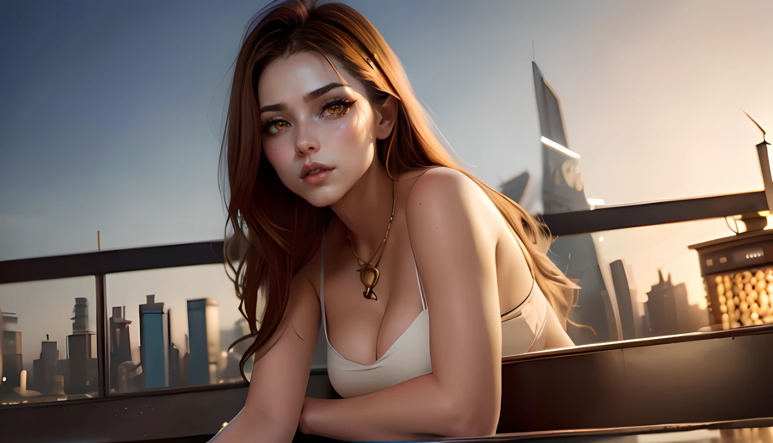 ((Need)), ((tmasterpiece)), (A detailed), Enchanting succubus, Sexy beauty, Perched in clouds, (fantasy illustrations:1.3), Seductive gaze, Charming seductive pose, tight top, wearing golden armour,otherworldly charm, Mysterious Sky, Strange fire clouds,the setting sun,moon full,Seductive pose,Chibi Ancient City,Large portrait building,Head facing right。