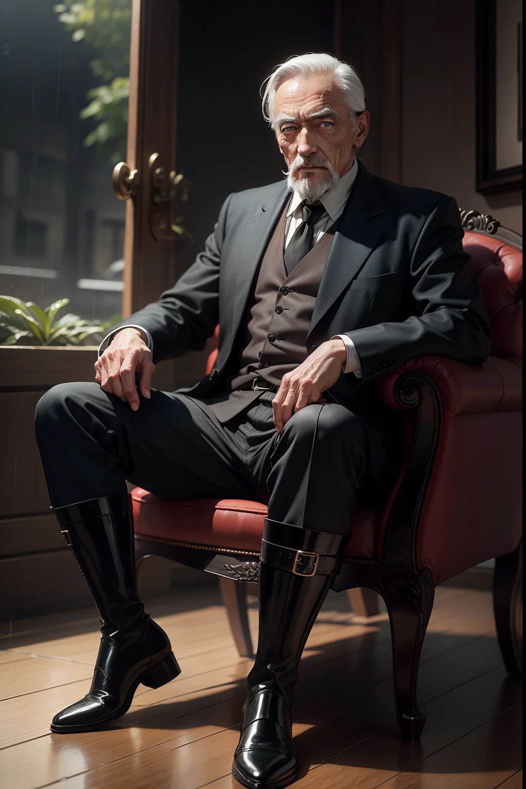 Old gentleman with a goatee，sit on chair，Eyes look at boots，Black high-gloss rain boots, 8K分辨率,Wallpaper masterpiece，Best quality，digitial painting，Highly meticulous，Ultra high quality