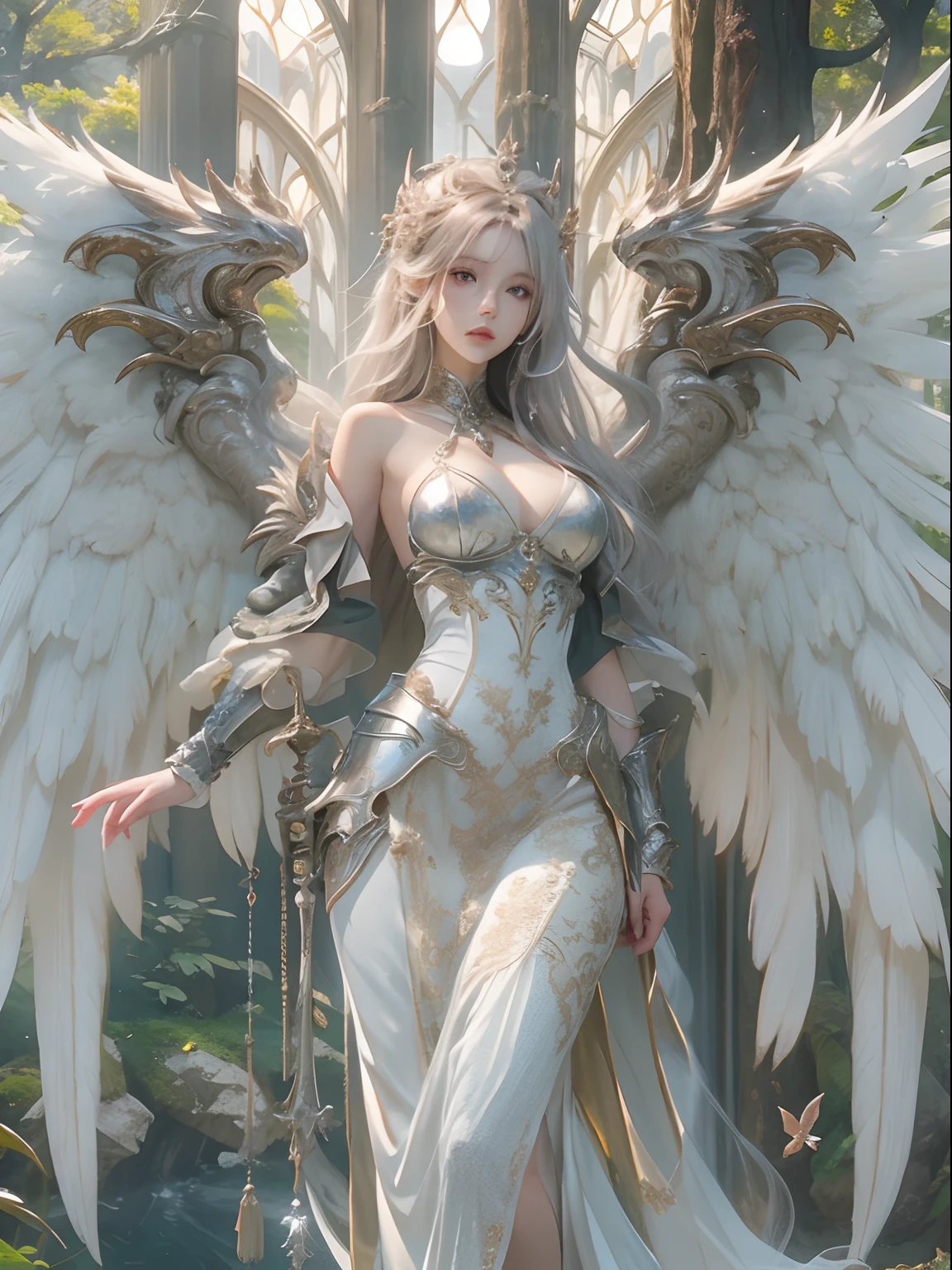 1girl in, 独奏, offcial art, unity 8k wall paper, ultra-detailliert, beautifly、Aesthetic, masterpiece, top-quality, Photorealsitic, Female angel in her 20s、3 pairs of large wings、3 pairs of white large wings on the back,,,,:2.0、powerful wings、Seraph、Silver armor covering the whole body:2.0、Knight's armor in the Middle Ages、Silver Gauntlet、Silver Sollet、Lion emblem、Hair ornament with small wings、Luxurious ornamental spear、big weapon、Circle of Angels Emitting Light、Angel Halo:2.0、light magic、depth of fields, Fantastic atmosphere, Calm palette, Soft shading、You can see the forest in the distance、elegent、Full body like、Plump、very large breast、Wide waist、You can see the castle on the mountain in the distance、Sky garden