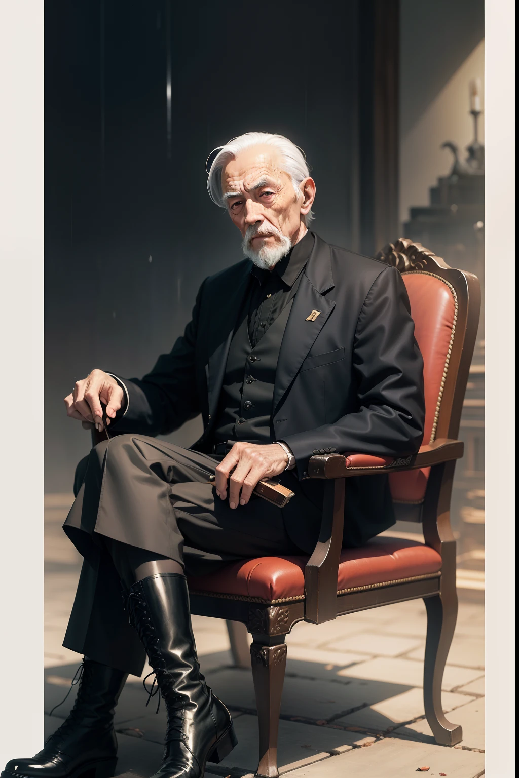 Old gentleman with a goatee,sit on chair,Eyes look at boots,Black high-gloss rain boots, 8K分辨率,Wallpaper masterpiece,Best quality,digitial painting,Highly meticulous,Ultra high quality