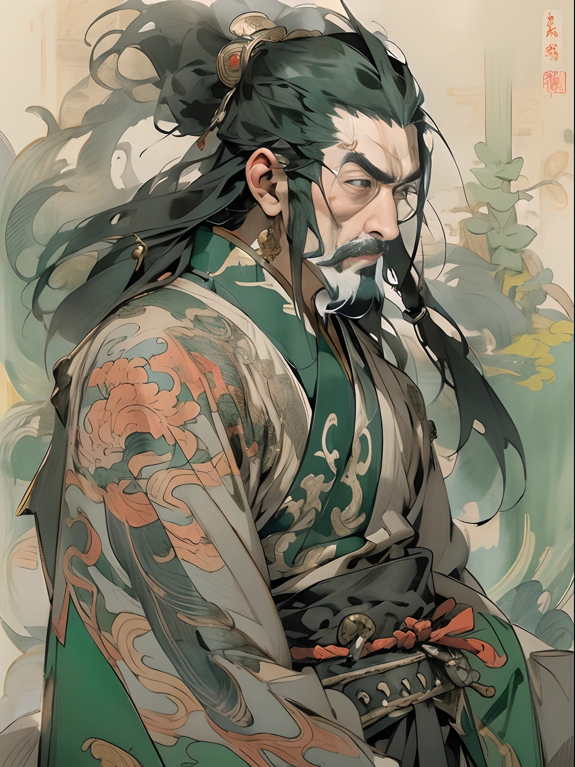 (((China-style，Ink painting method，Half-length portrait，Intense color，Han dynasty, China，Hanfu，Armor，Guan yu，Guan Yunchang，of a guy，Ruddy killing square face，Hold it with your right hand(Close the knife)Qinglong Weir Moon Knife，Stroke your beard with your left hand，Long hair，petty eyes，Green robe))), (((best qualityer))), (((tmasterpiece))), (((AS-Adult))), ((( Japanese ))), Look up from your knees, Handsome Asian samurai，perfect body figure, Modern samurai, ((( Asian))), Wear gloves on your hands，The left arm is made of steel and metal tips，Made of protective devices, The eyes are pulled, (( Appears below the chest )), (( Small dental floss )), Simon Bisley, Almost naked（Simon Bisley）Castle City Wilderness，For high-resolution posters, hair straight, Minimum clothing, armure (Crazy clothes ), Full of tips and rivets, tribal tattoos, (((full bodyesbian))), Straight brunette hair，Colored hair ends