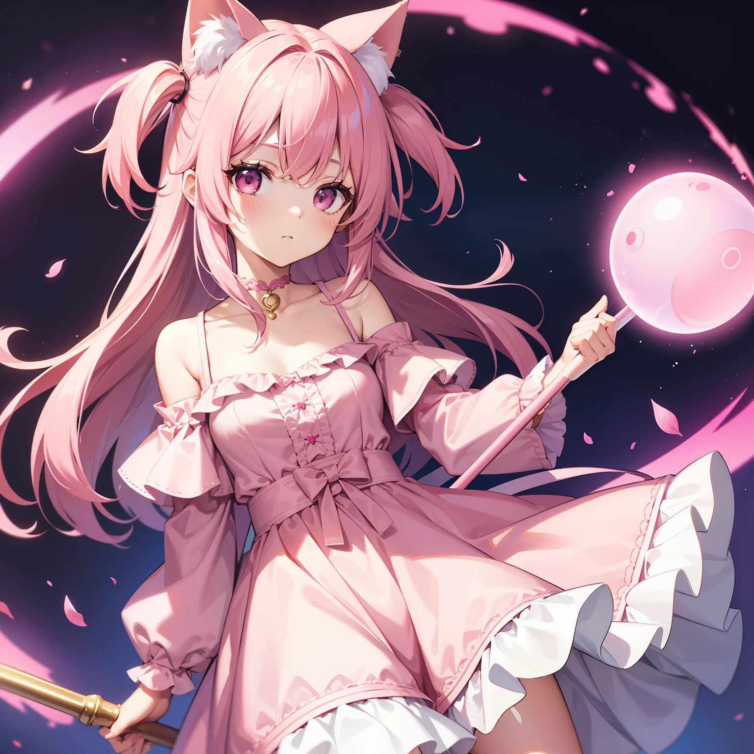 Girl, medium straight pink hair with pink cat ears, pink eyes, short pink dress with off shoulder sleeves , holding a pink staff with an orb