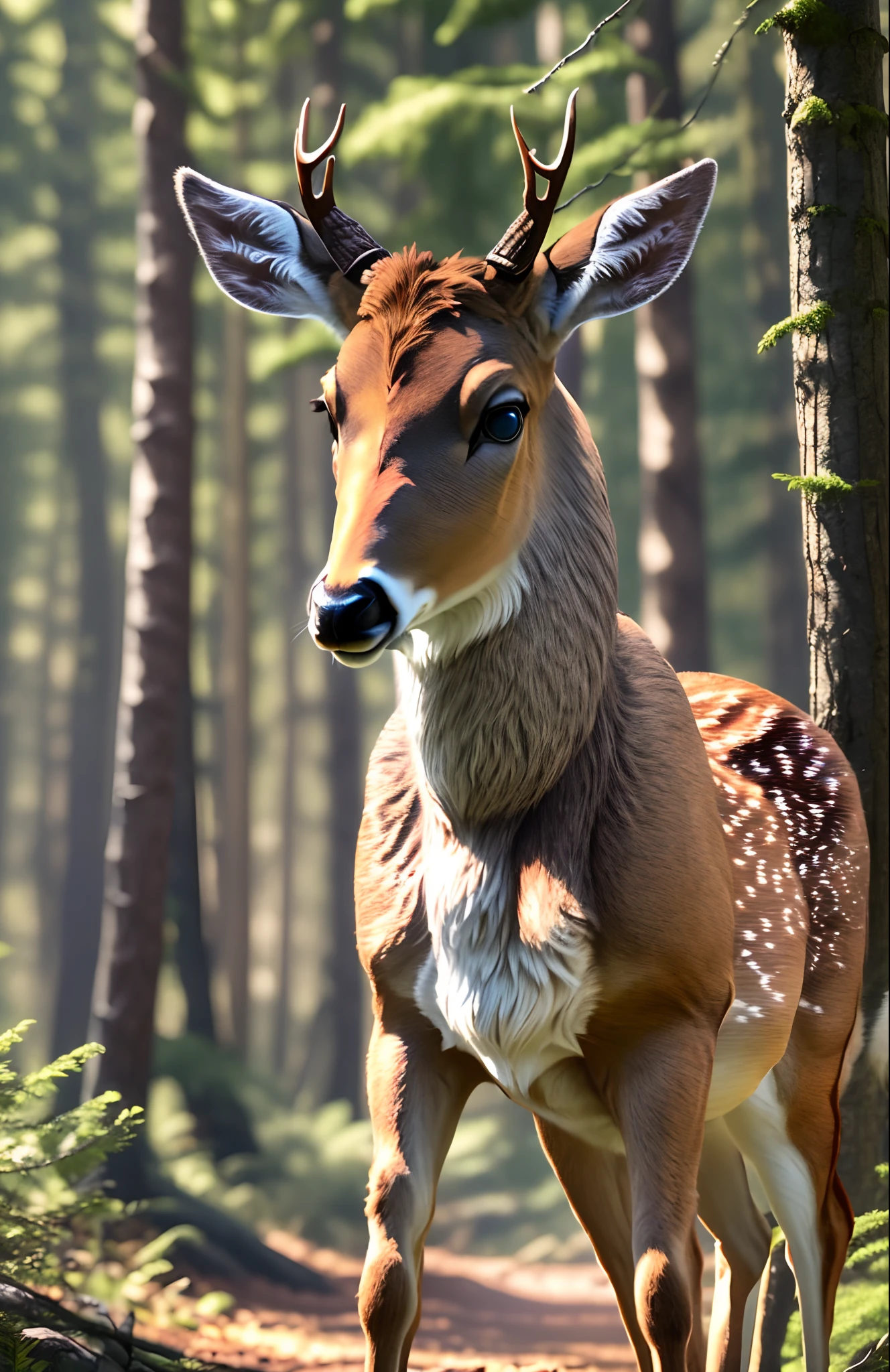 Woman standing on the ground, brown hair, blue eyes, wearing a silver bodysuit, in the background there is a coniferous forest and a deer, realistic, 8k --auto --s2