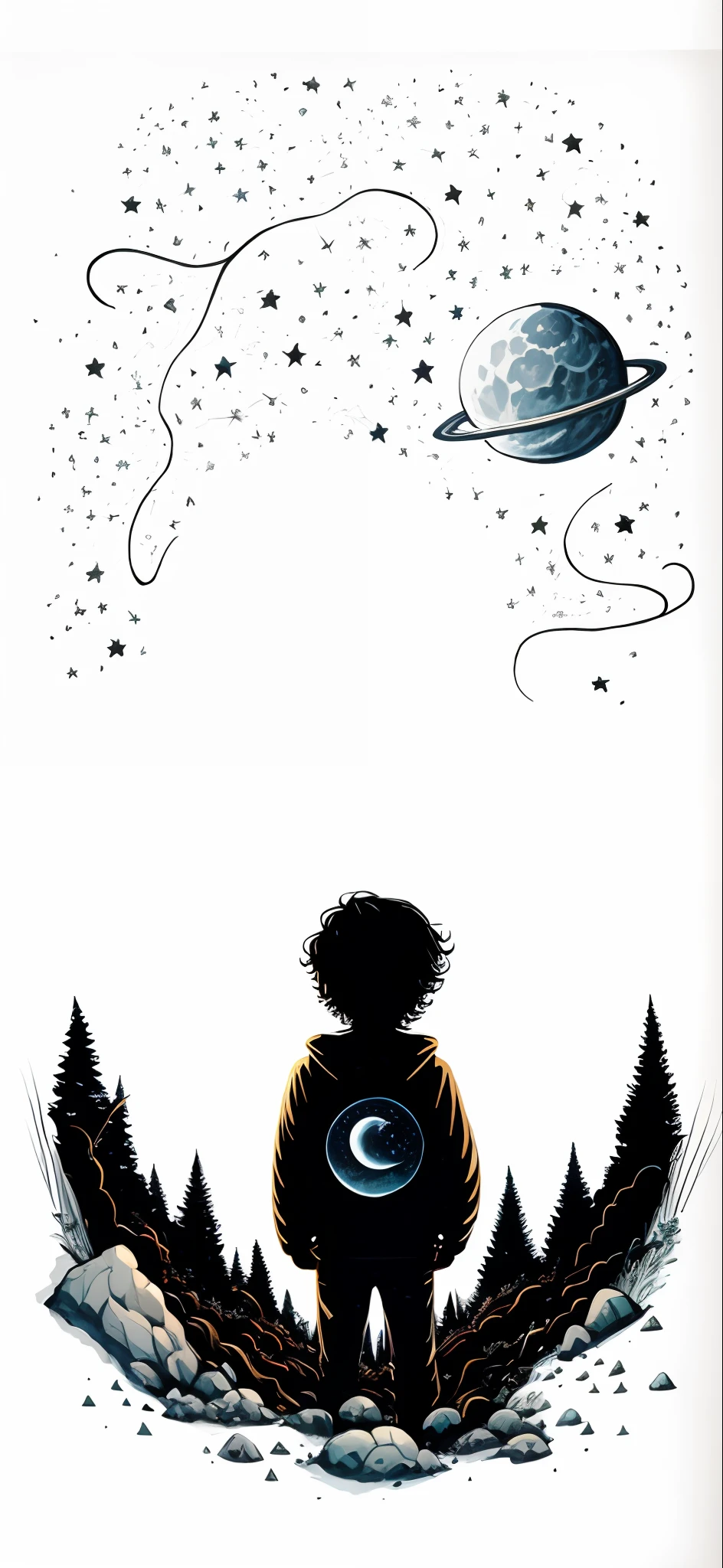 a drawing of a person standing on the grass with a moon in the sky, Imagem absolutamente excepcional, arte conceitual do menino solteiro, Arte Oficial, Percy Jackson, Tumblr, inspirado em William Stout, arte da capa, exploitable image, cover illustration, Vazio, Arte Oficial, space, official illustration, illutstration, papel de parede do telefone, heavens, Album art, com estrelas