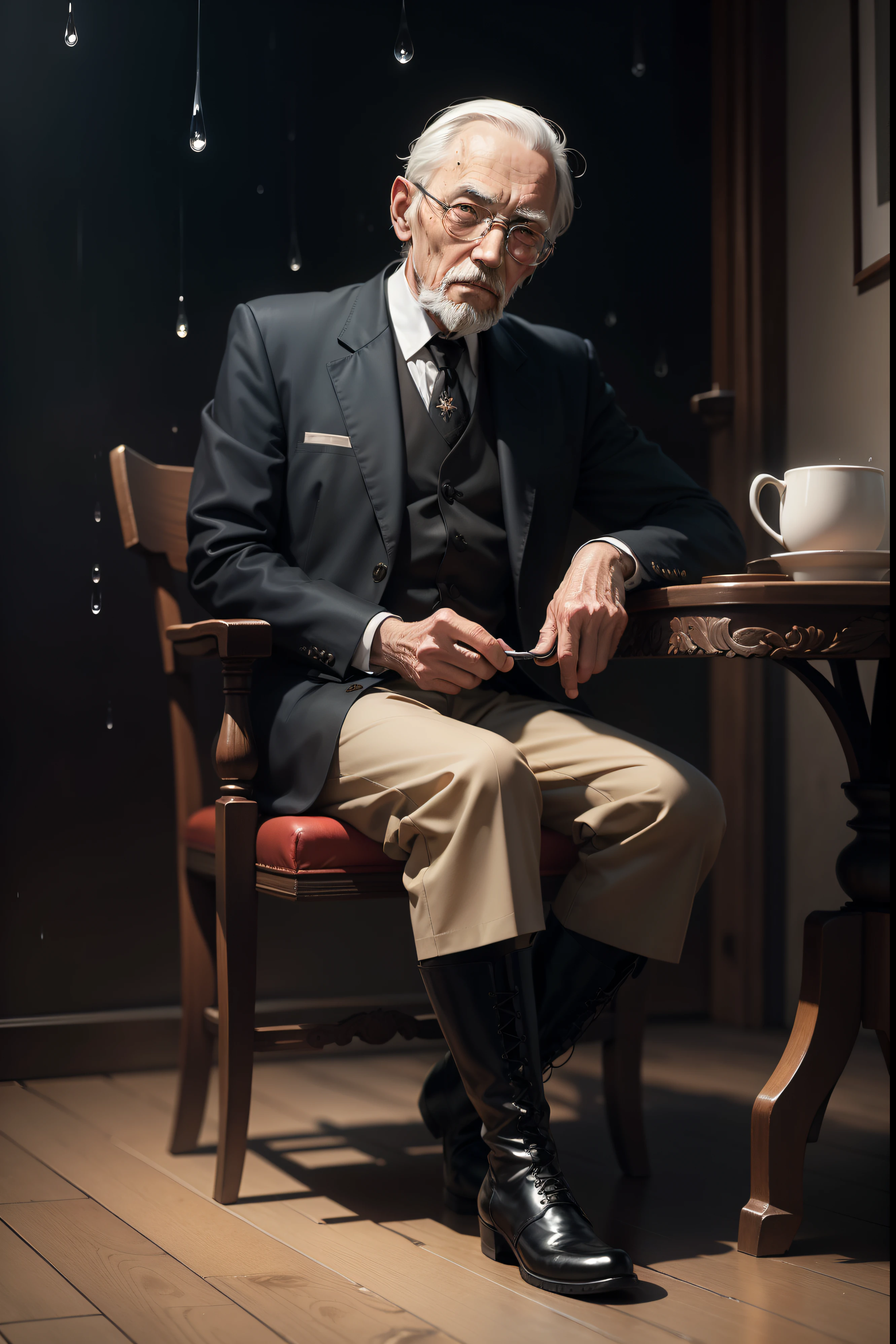 Old gentleman with a goatee,sit on chair,Eyes look at boots,Black high-gloss rain boots, 8K分辨率,Wallpaper masterpiece,Best quality,digitial painting,Highly meticulous,Ultra high quality